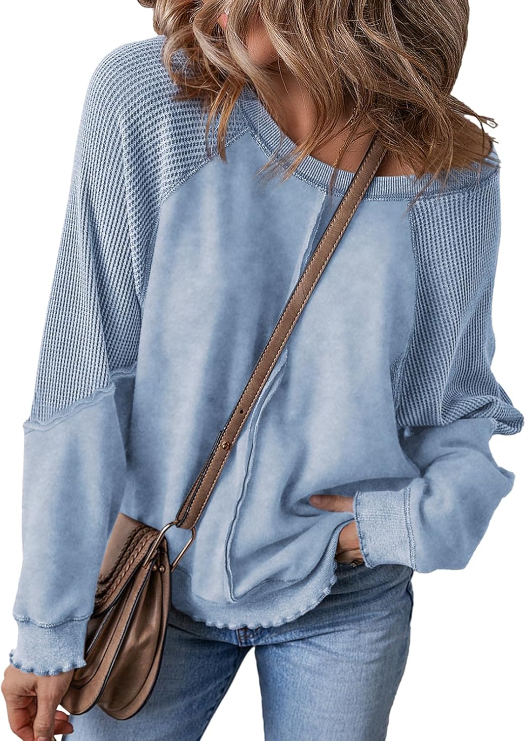 SHEWIN Womens Oversized Off The Shoulder Sweatshirt Casual Crewneck Long Sleeve Reverse Seam Waffle Knit Tops