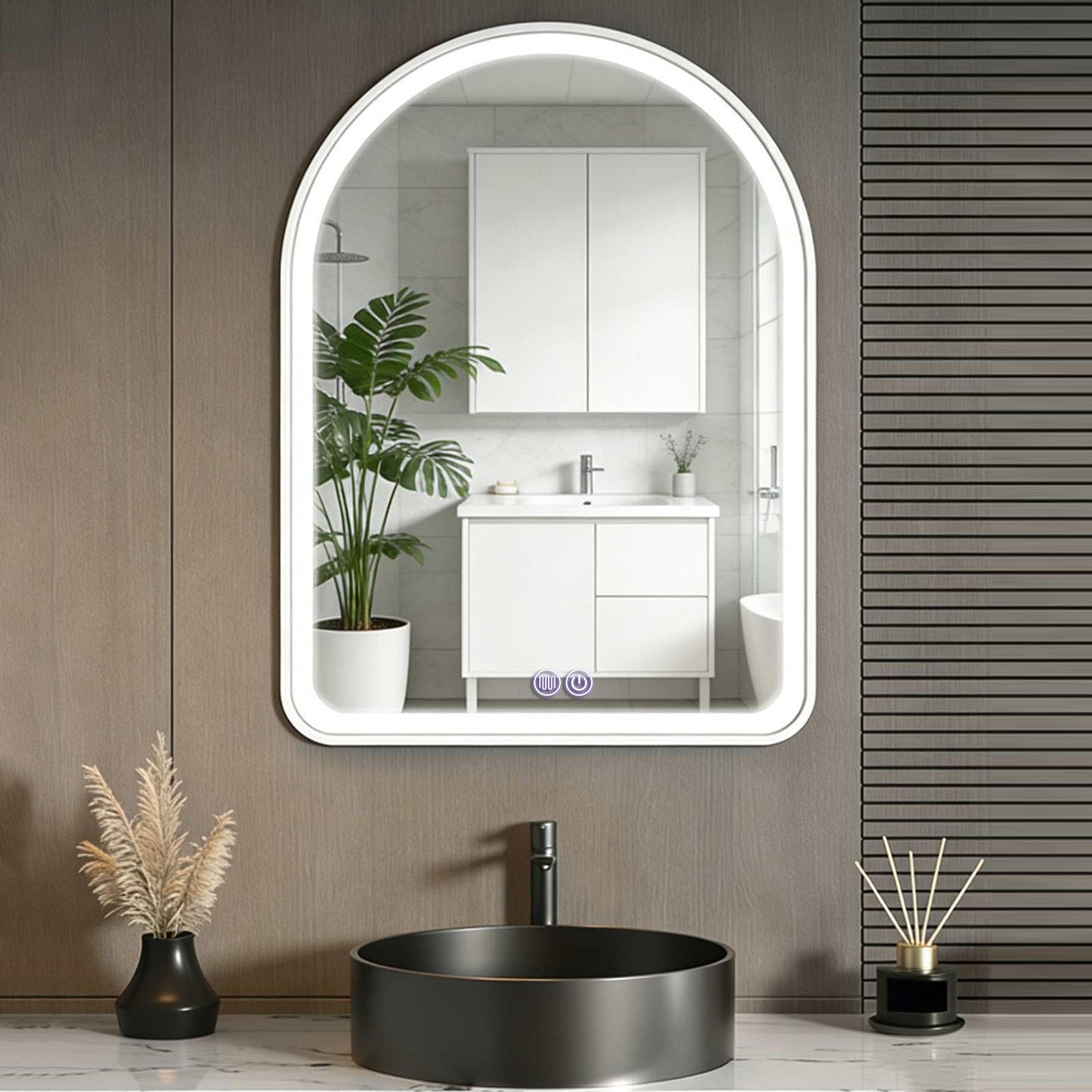 SXFSDOU Illuminated Bathroom Mirror, Arched LED Wall Mounted Vanity Mirror with Metal Frame, Anti-Fog and Dimmable Features
