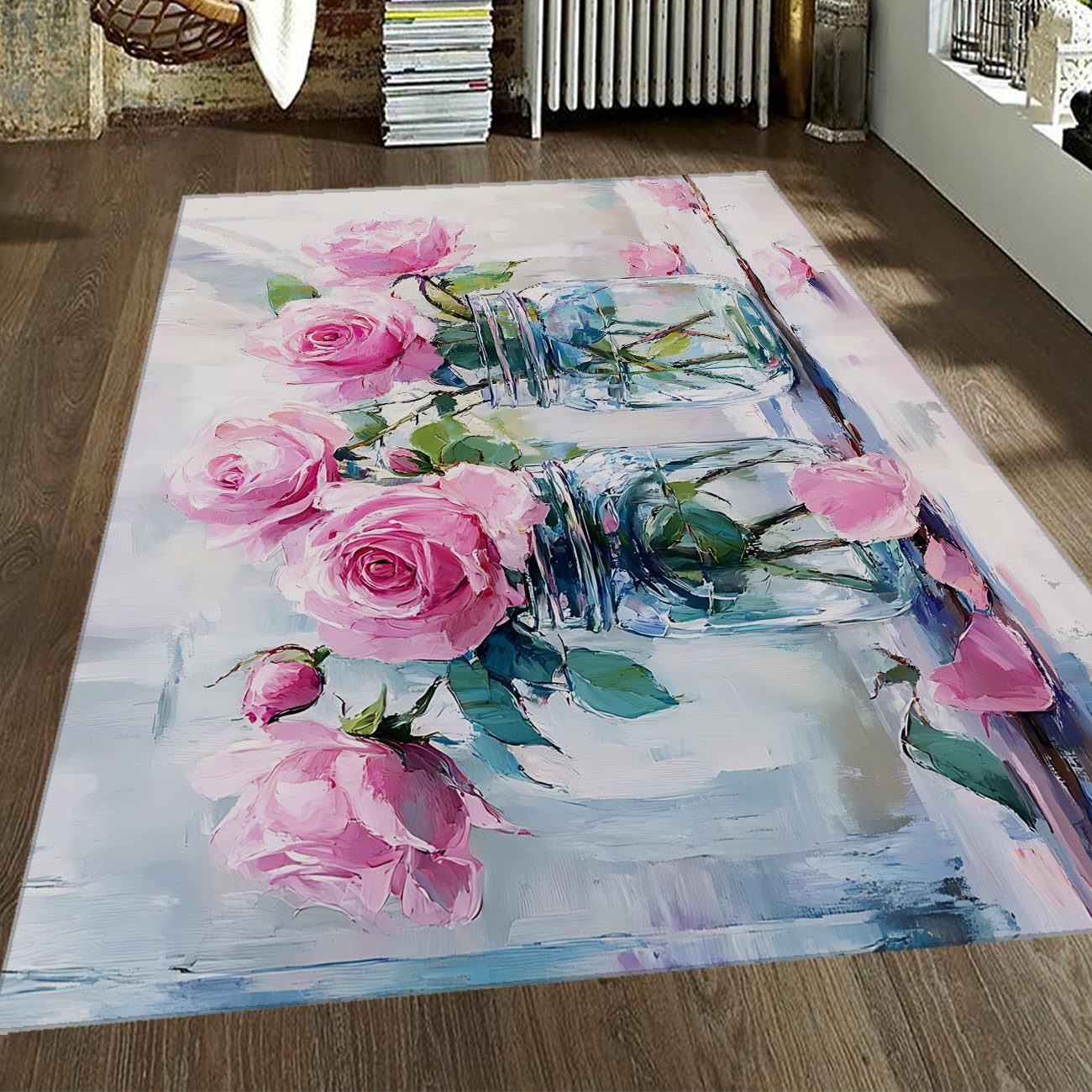 Vintage Rose Area Teppich rosa Blume Glasflasche Bedruckte Teppiche Ölmalerei Rutschfester waschbarer Teppich für Innenzimmer Wohnzimmer Bürodekoration 180x240cm