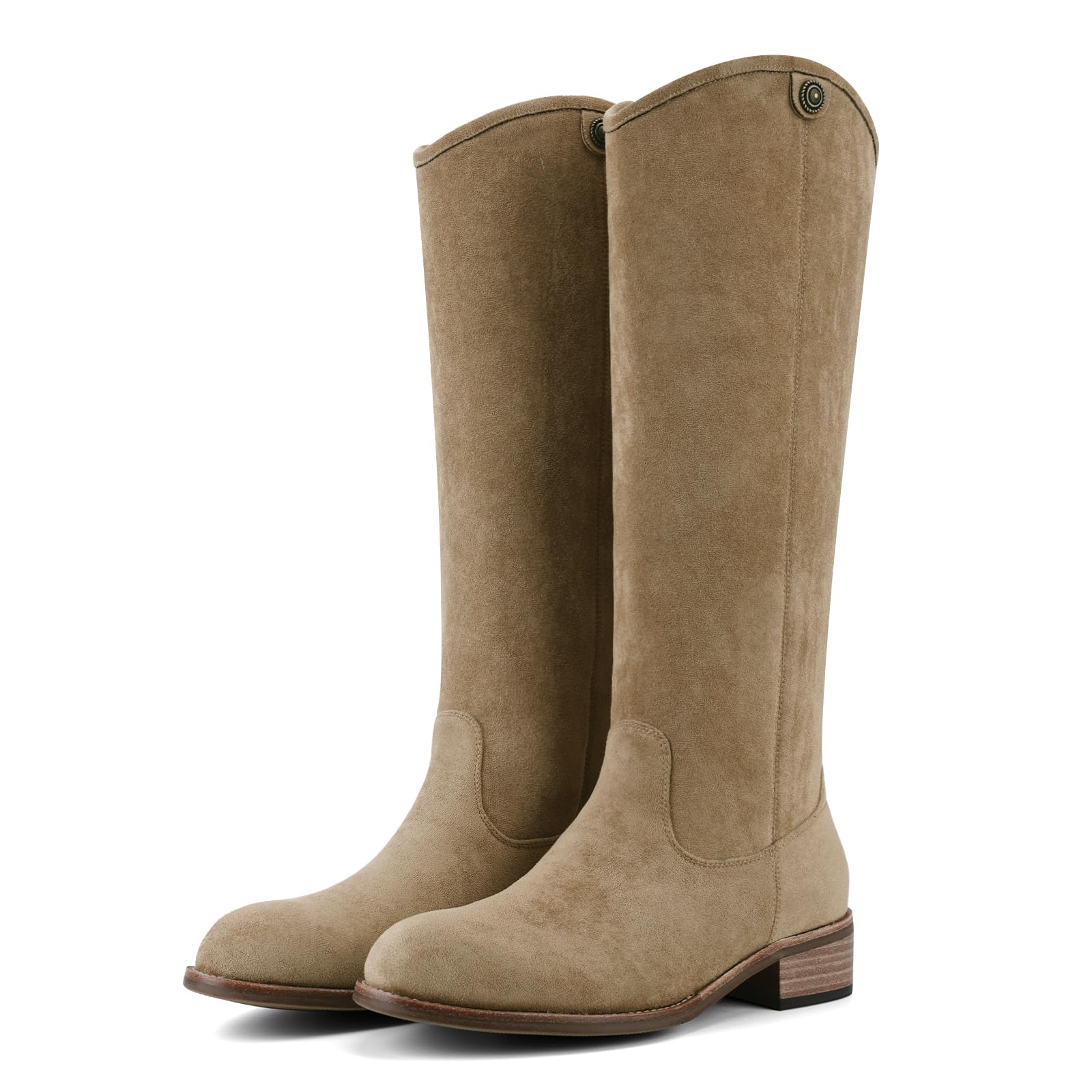 Riding Boots For Women Round Toe Chunky Heel Knee High Boots Vintage Metal Hardware Tall Booties Pull on