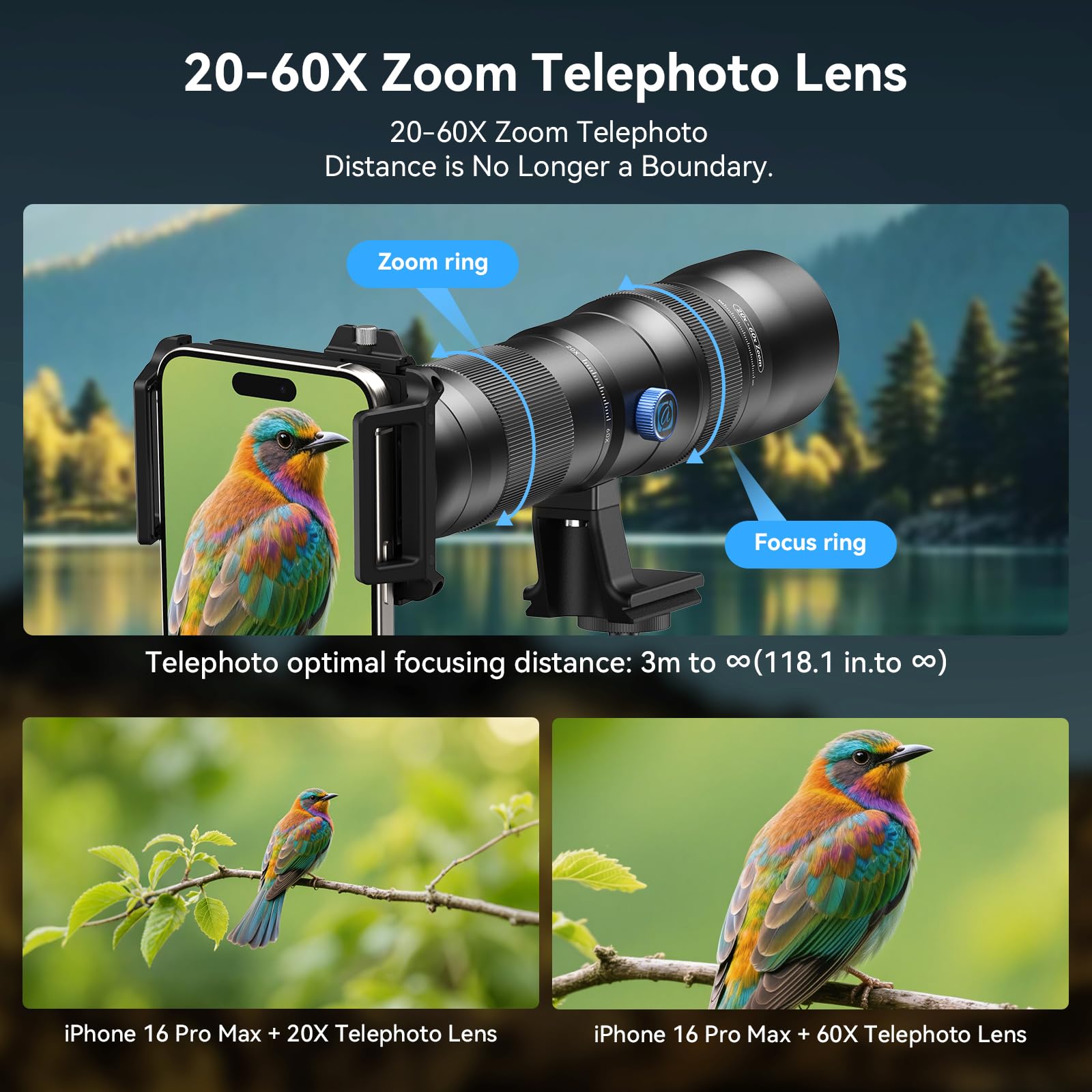 Evil Eye 20-60X Zoom-Teleobjektiv für Smartphones, HD-Teleobjektiv für Mobiltelefone, mit Stativhalterung & Universal-Klemme – Perfekt für iPhone 16/15/14/13-Serien, Samsung, Android