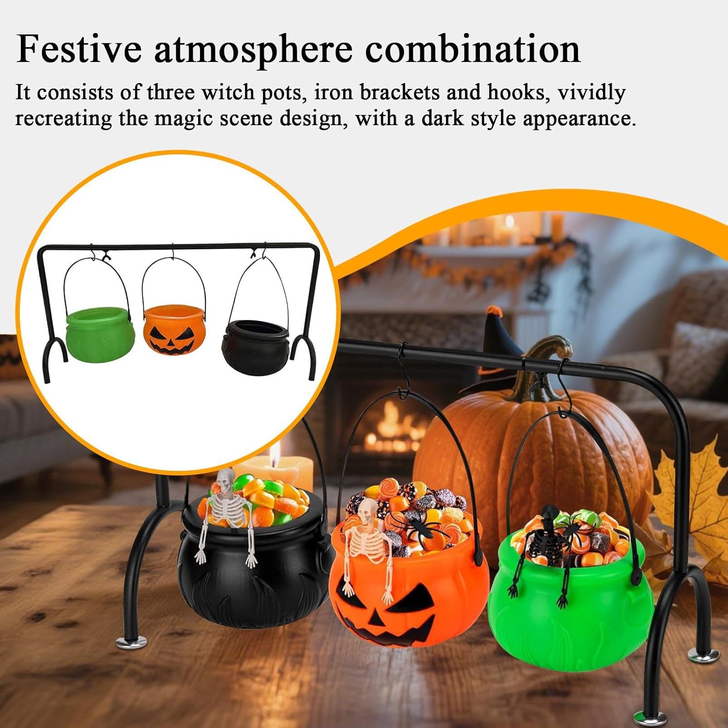 Halloween Cauldrons Serving Bowl Decor, 3 Colors Plasti c Cauldron Candy Bowls Halloween Party Candy Server with Iron Rack for Home Kitchen Table Decor