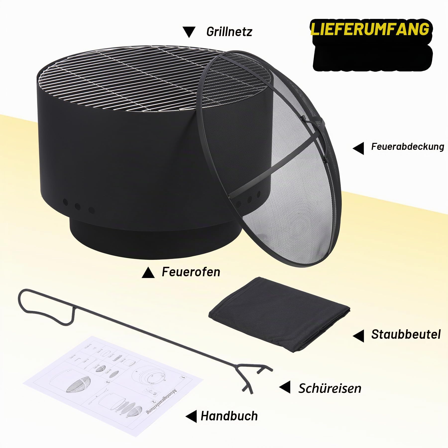 Feuerschale mit Grillrost, Ø60cm Feuerkorb mit Funkenschutz, Groß Feuertonne für den Garten mit Schürhaken & Tragetasche, Solide Holz & Kohle Feuerstelle inkl. für Outdoor BBQ Heizung 66x66x60cm