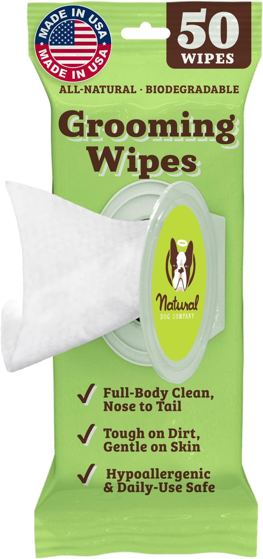 Natural Dog Company XL Grooming Wipes for Dogs – Hypoallergenic, Biodegradable, Fragrance Free – Aloe Vera & Witch Hazel – 7×8 Wipes for Paws, Face, Ears & Butt – Sensitive Skin Pet Wipes - 50 Count