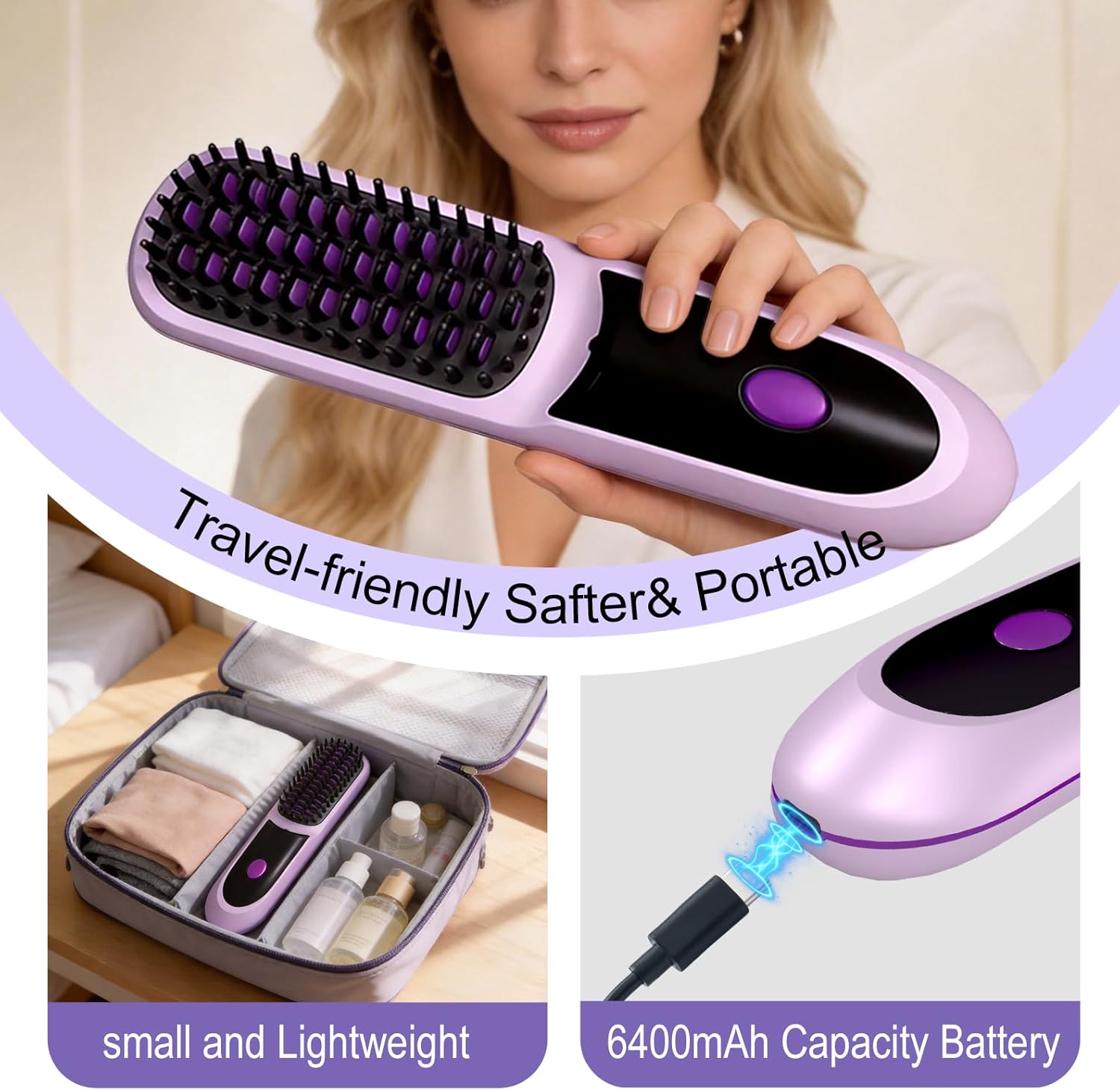 Go Brush Pro 2026, Portable Straightener Brushs for Travel, with LCD Temperature Display, Fast Heating Cordless Mini Hair Brushs (Purple)