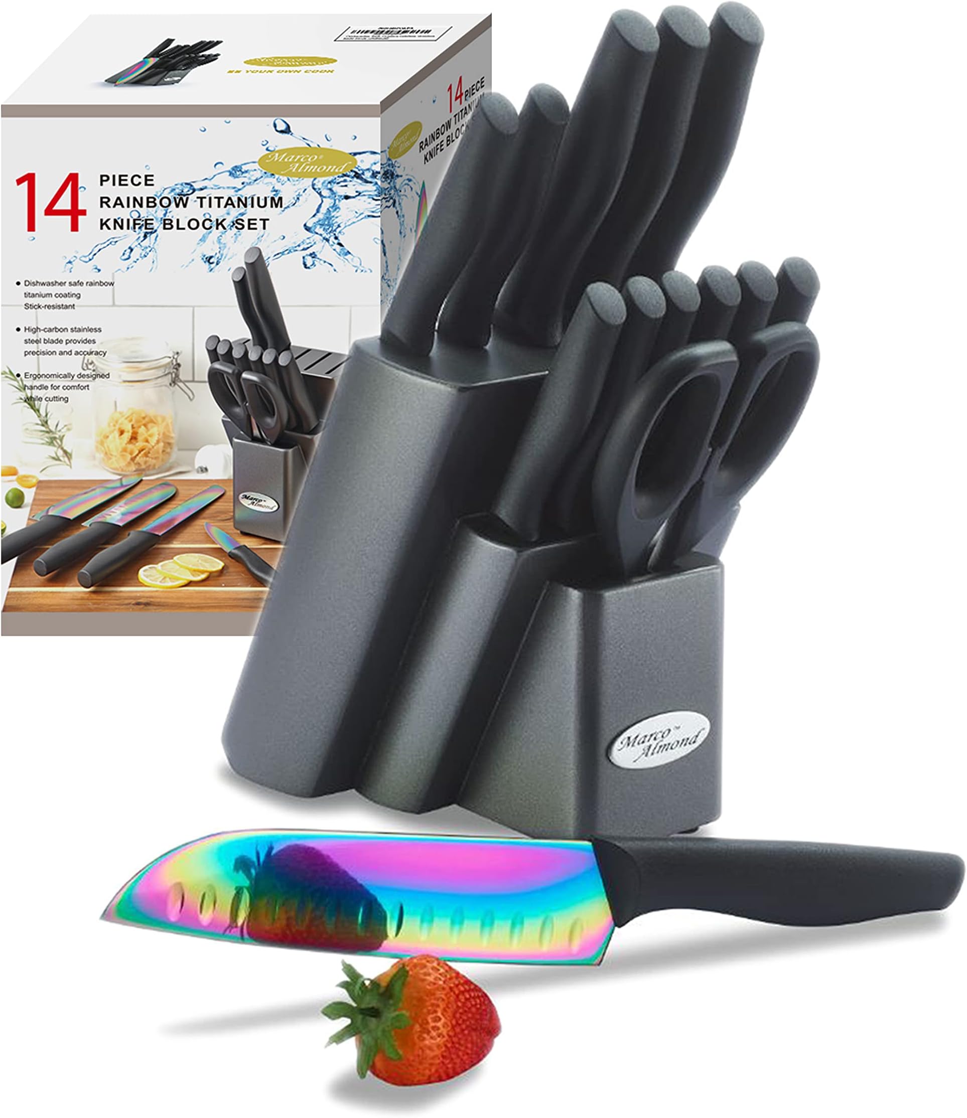Knife Set with Block, 14 Piece Rainbow Titanium Knife Block Set, KYA25 Cooking Steak Knives set with Black Handle.