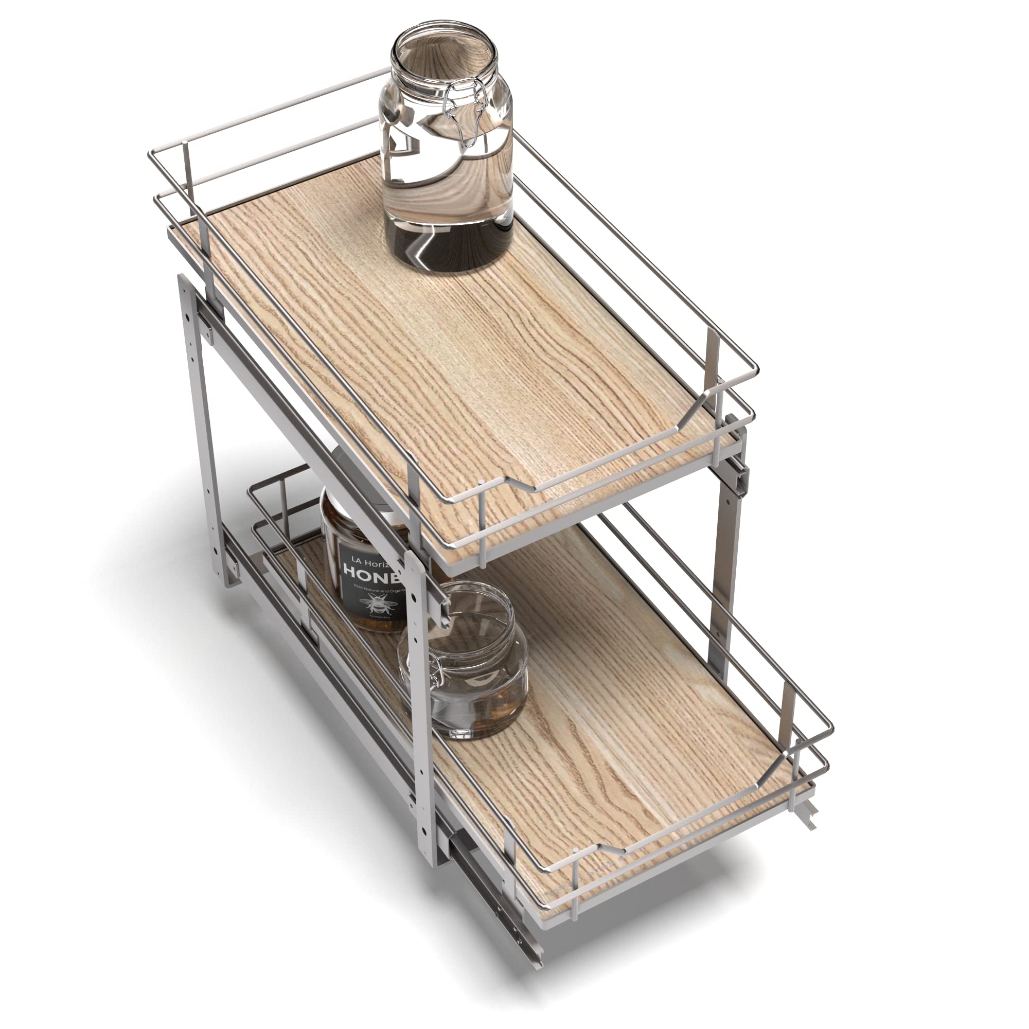 Home Zone Living Pull Out Kitchen Cabinet Organizer with Two Tiers of Storage, 12” W x 20” D, Satin Nickel with Light Brown Wood Finish, Virtuoso Collection