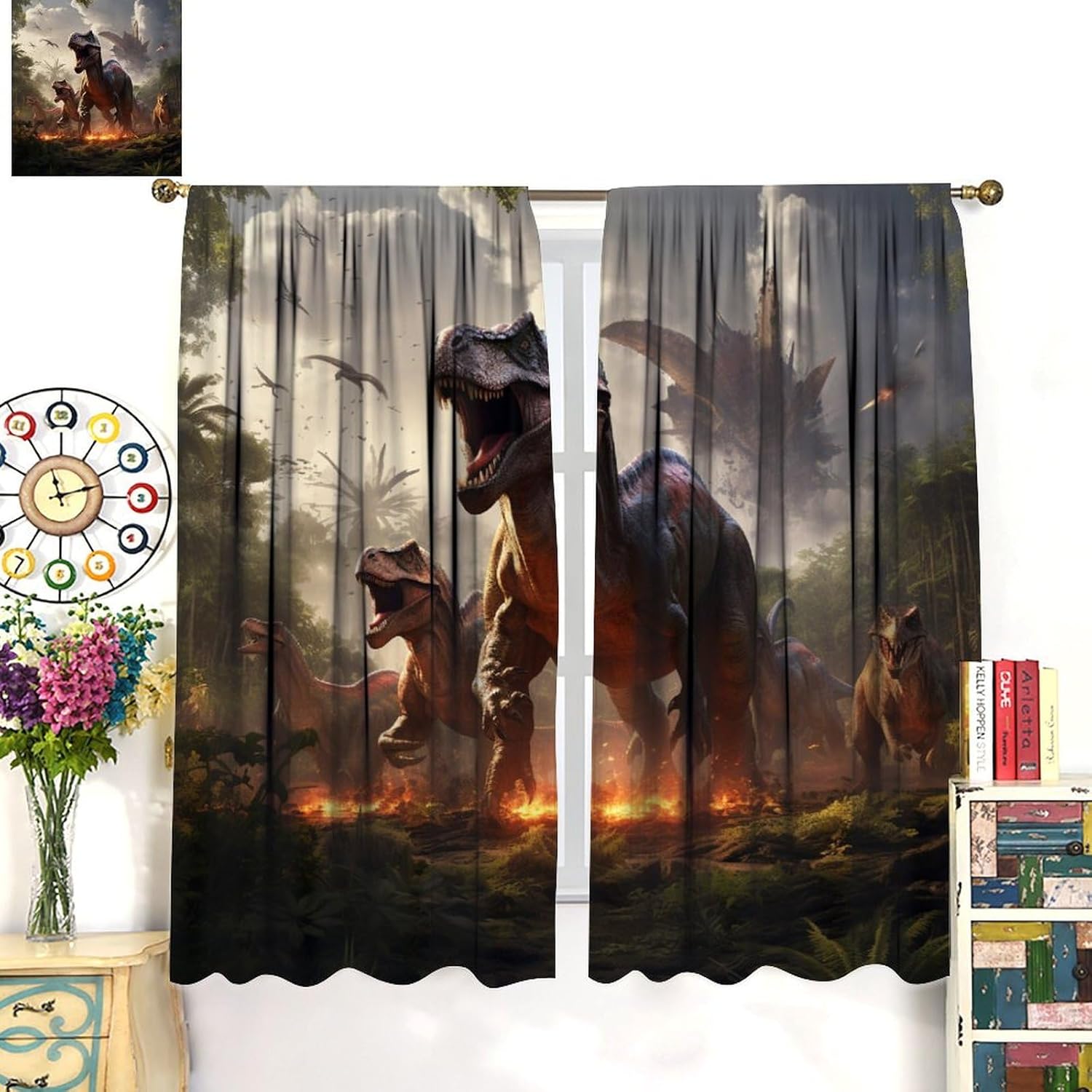 Dinosaur Blackout Curtains Are Used For Home Decoration, Jurassic Jungle World Dinosaur Pole Pocket Thermal Insulation Curtains Are Used For Dark Curtains, Living Rooms, Family Drapes 42x45in