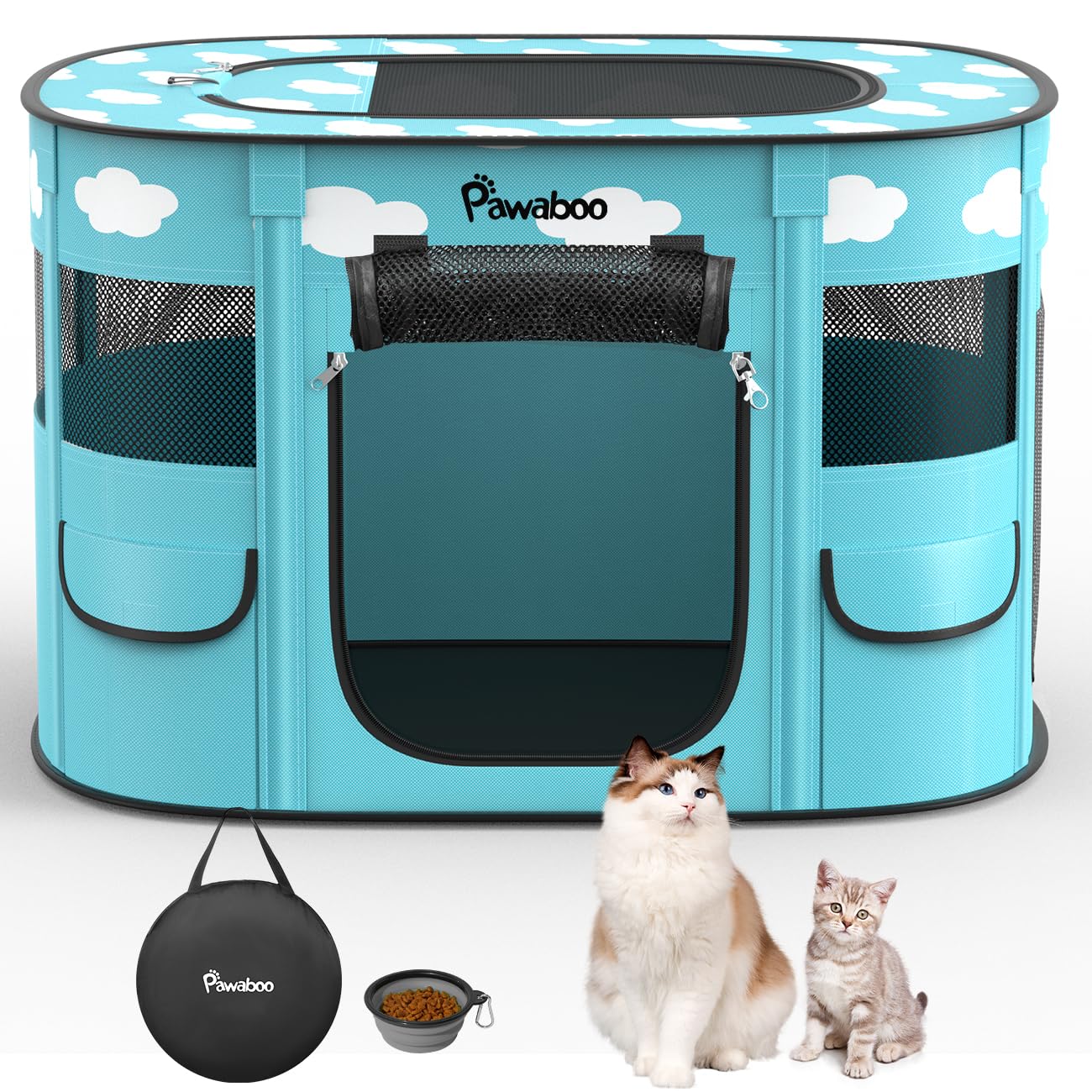 Dog Playpen, Portable Pet Cat PlayPen, 600D Oxford Dog Kennel Tent Crate, Breathable&Waterproof, Outdoor Indoor Travel Camping for Medium/Large Breed with Carrying Case+Bowl, L, Blue + White Clouds — image 1