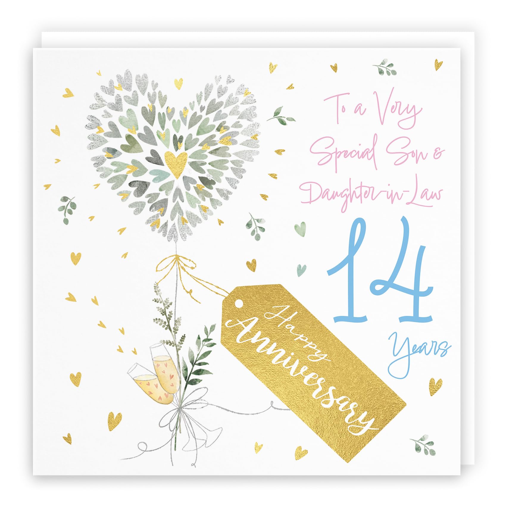 Hunts England - Son And Daughter-in-Law 14th Anniversary Card - 14 Years - Contemporary Hearts - Gold Foil - Luxury 14th Wedding Anniversary Card For Son And Daughter In Law - Milo's Gallery
