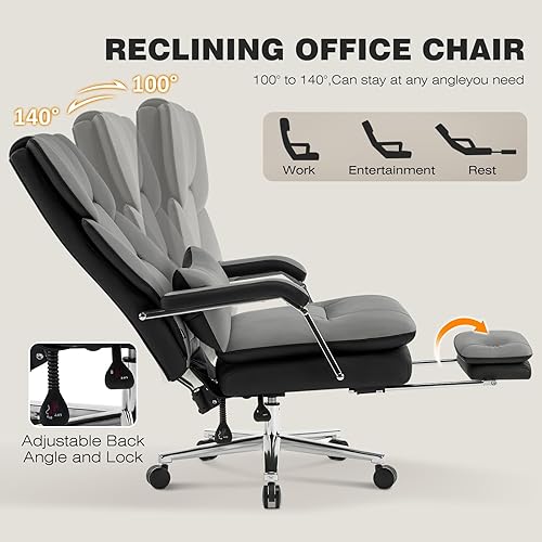 Miniatura 8 de Furniliving Silla de oficina grande y alta, 500 libras, silla de oficina ejecutiva de cuero con reposapiés, asiento ancho reclinable con soporte