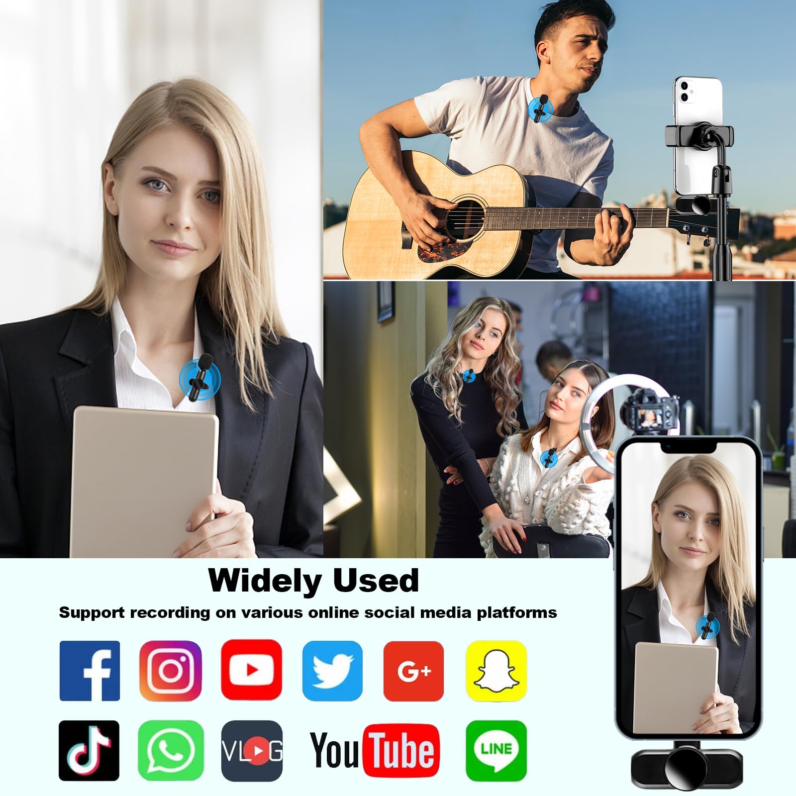 Micrófono Inalámbrico Lavalier para iPhone/Android/PC, 3 en 1 Micrófono Inalámbrico Profesional, Plug & Play, Portátil Micrófono para Grabación de Video, Youtube, TikTok, Vlog, Facebook