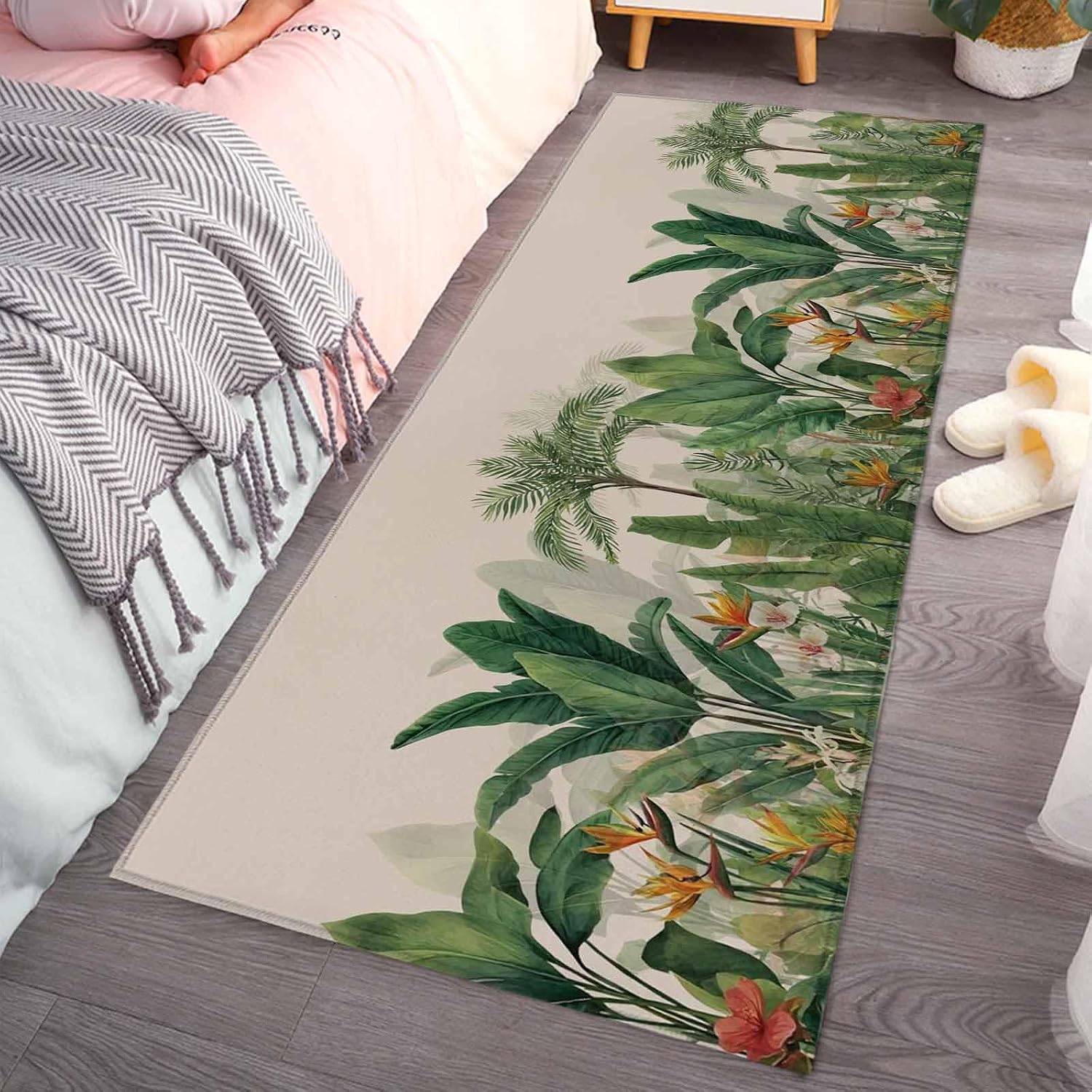 Teamery Kitchen Mats for Floor Summer Tropical Garden Washable Non Slip Kitchen Rugs 1PCS, Green Plants on Retro Linen Absorbent Standing Mats for Sink Bathroom Office Living Room 23.6x70.9in
