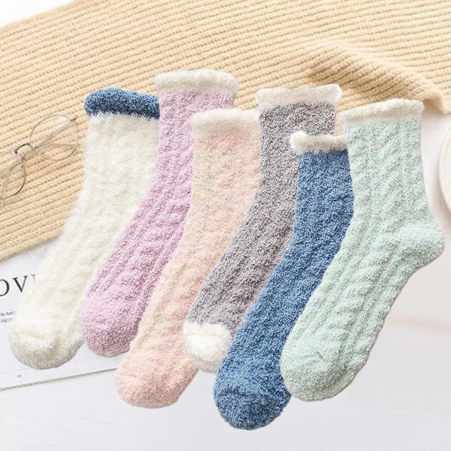 Plush socks 6 Pairs Of Women's Cute Thick Mid-Calf Sleeping Socks For Autumn And Winter