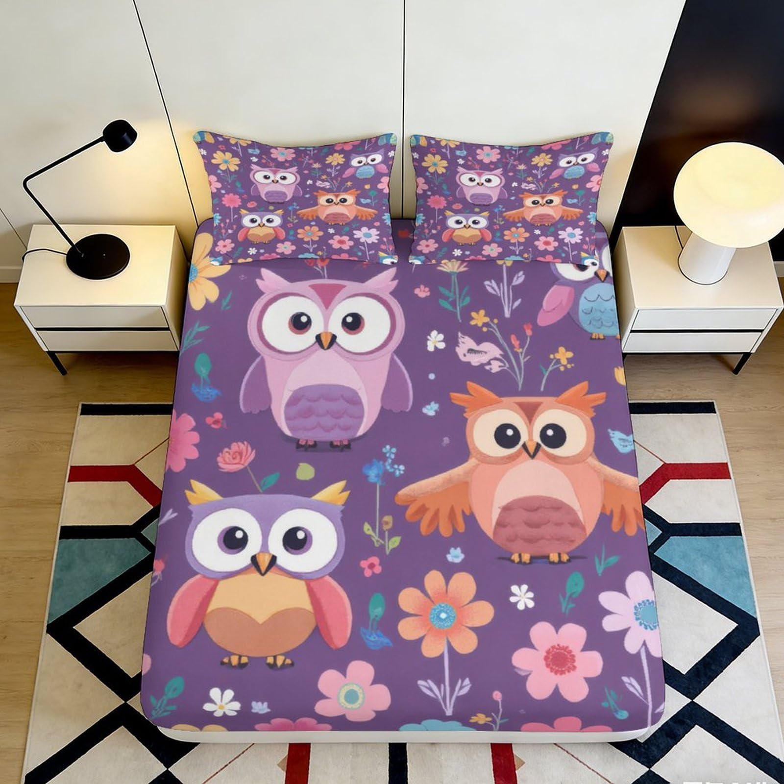 3D Printed Cartoon Owl Fitted Sheet Microfiber Soft Purple Forest Flowers Mattress Cover for Bedroom Guestroom Decor 90x200x25cm