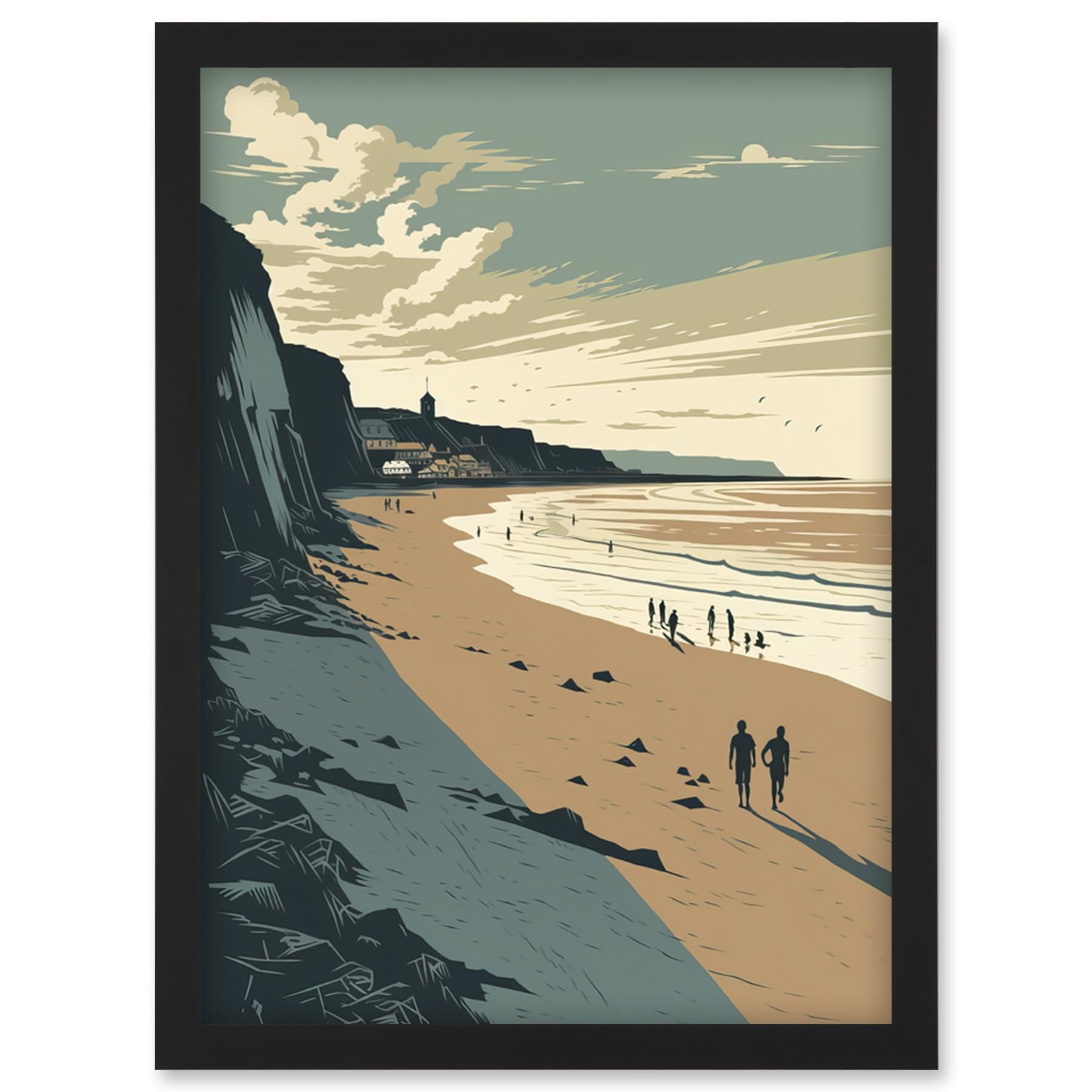 B&Q -  People Walking On Filey Beach Coastal Illustration Wall Art PrintA4 Size