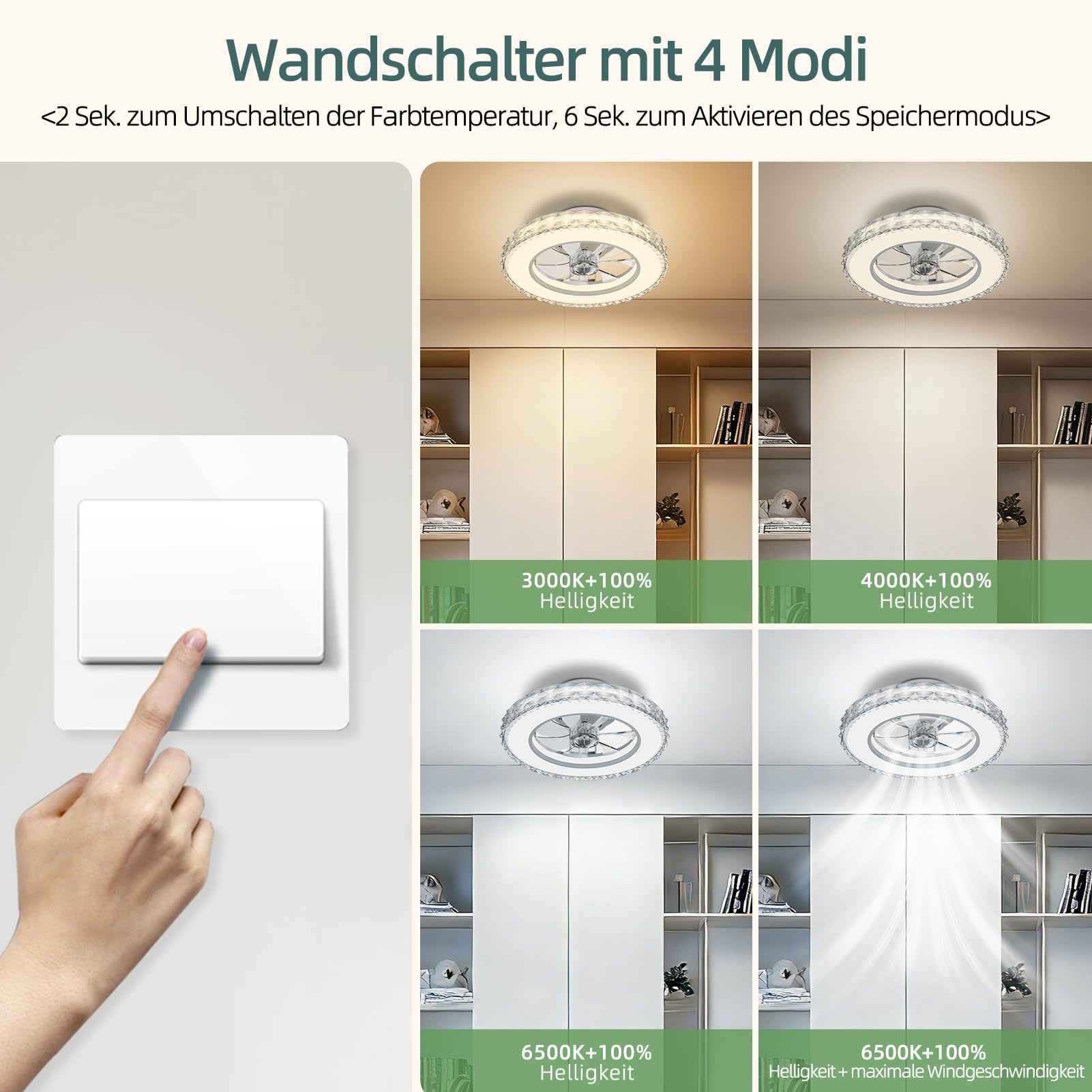 Ateroll Deckenventilator mit Beleuchtung Ø43.5CM, Kristall Dimmbar 3000K-4000K-6500K-RGB, 6 Geschwindigkeiten Fernbedienung