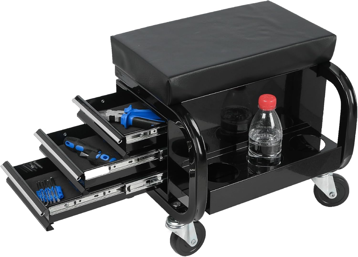 3-Drawer Rolling Creeper Garage Shop Seat 350 LBS Capacity Mechanic Roller Seat with Storage Tool Tray Heavy-Duty Workshop Repair Stool for Garage Auto Shop & Warehouse