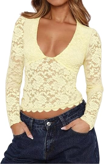 Women Lace Floral Crop Top Long Sleeve Sheer See Through Deep V Neck Tee Shirt Y2k Sexy Going Out Tops