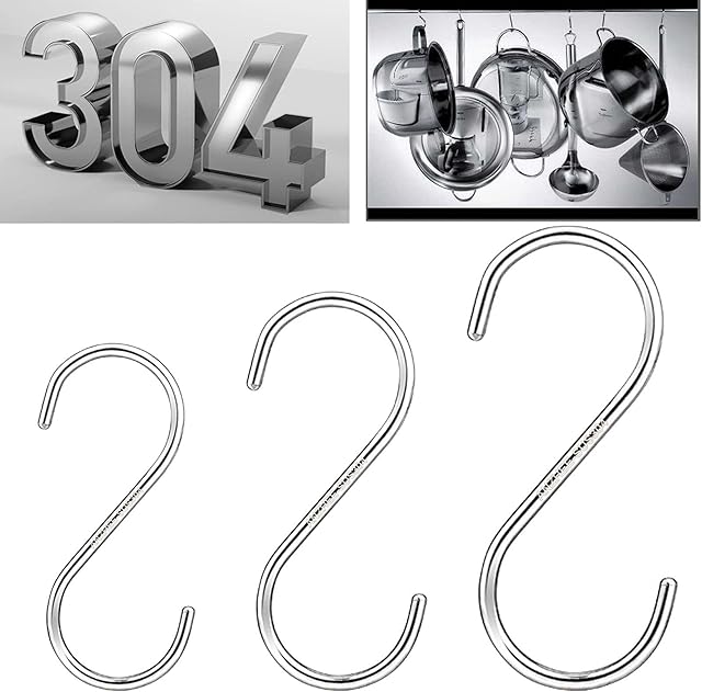 S Hooks for Hanging, Kitchen Hooks, S Shaped Hooks, SUS304 Food Grade Material Keep Your Health, Anzhee 304 Stainless Steel Heavy Duty Hangers for Kitchen Bathroom, Security | Strong | Never Rust