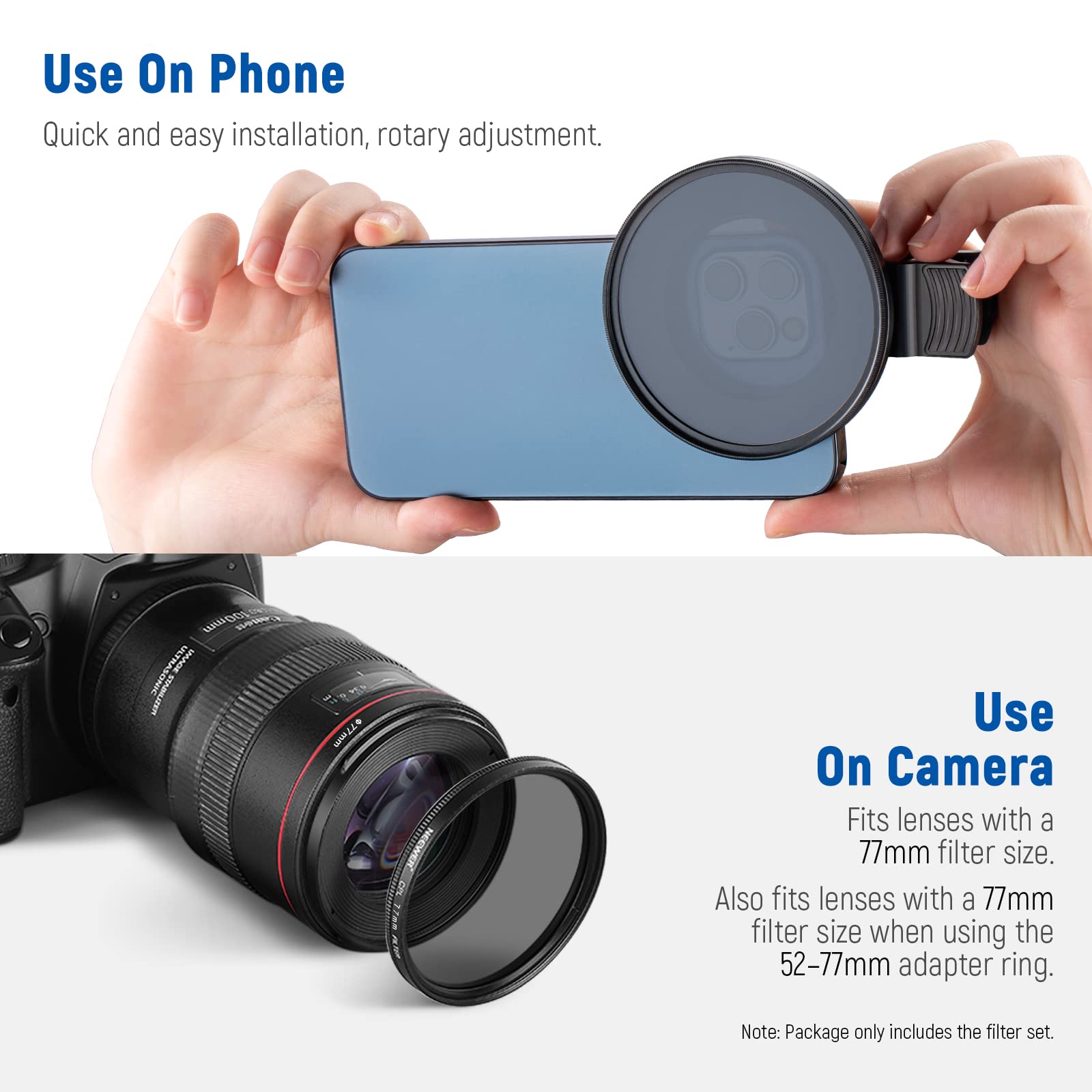 NEEWER 77 mm ND+CPL + zestaw filtrów efektowych z zaciskiem obiektywu telefonu komórkowego, filtr polaryzacyjny ND32, 6-punktowy filtr gwiazdkowy, 4 stopniowane filtry kolorów, kompatybilny z 15 14