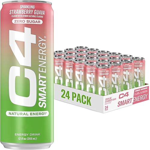 C4 Smart Energy Drink  Combustible de rendimiento sin azúcar y estimulador cerebral nootrópico, sustituto de café o alternativa  Fresa Guayaba 12 oz