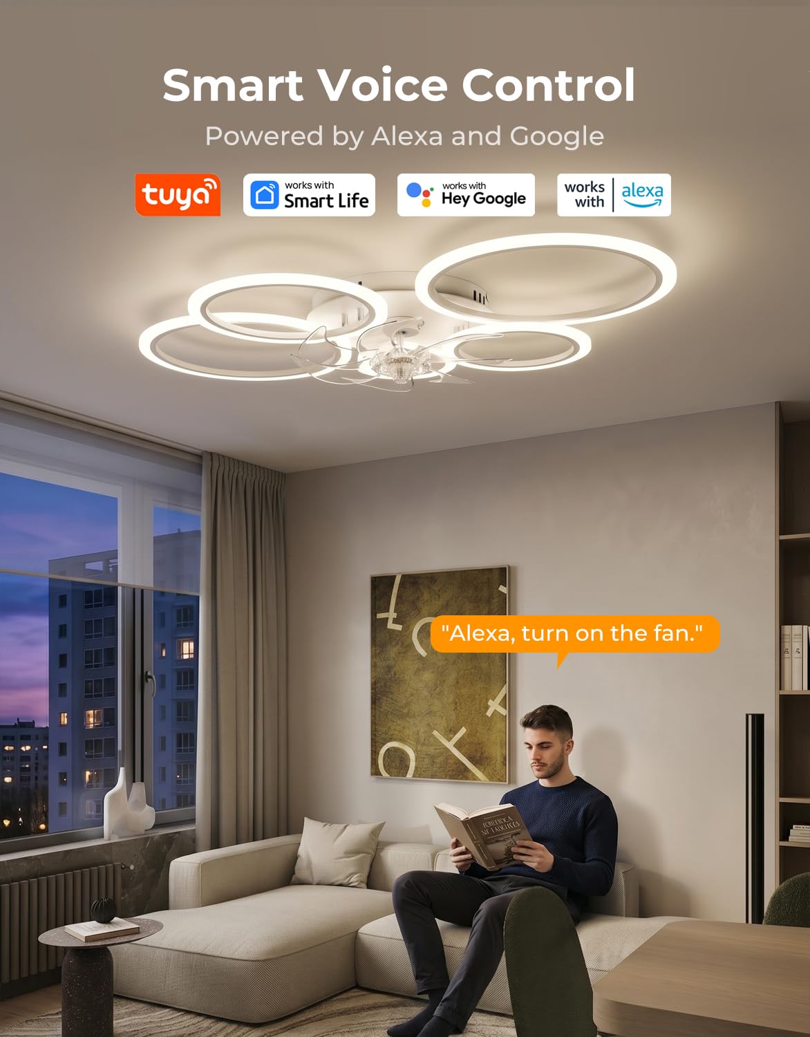 Lampara Ventilador Techo Led Compatible con Alexa, Google Assistant, Anillo Ventiladores de Techo con Luz Silencioso, Regulable, 6 Velocidades, Motor DC, Modo Verano/Invierno