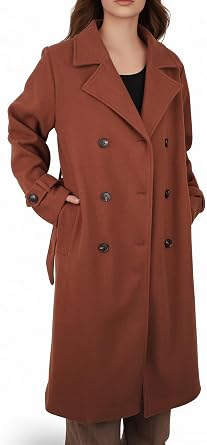 Womens Double-Breasted Belted Overcoat Warm Long Coat for Fall Winter