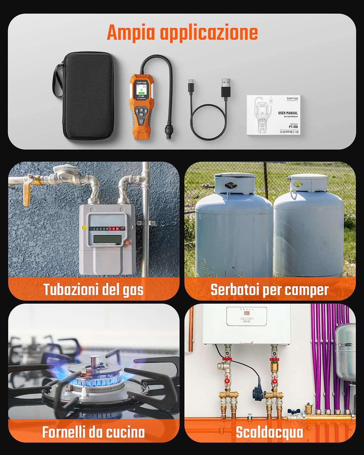 TopTes PT-356 Rilevatore di gas ricaricabile con sonda da 25 cm, campo 0-20% LEL, triplo sistema di allarme, Rilevatore Perdite di Gas con doppia modalità di visualizzazione per metano e butano