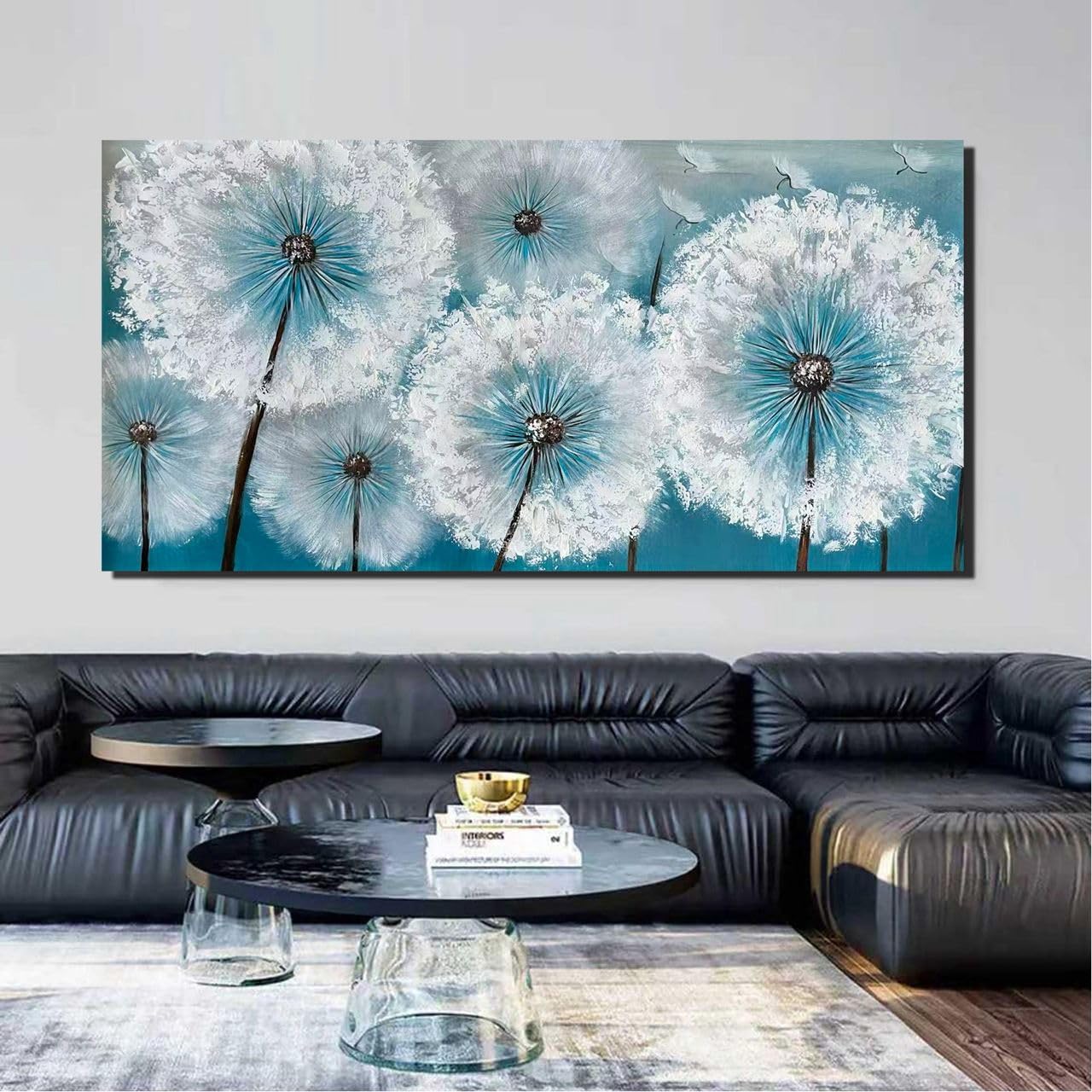 rtSee Handgemaltes Pusteblumen Leinwandbild 60 × 120 cm – Moderne strukturierte Acryl-Wandkunst in Weiß & Türkis