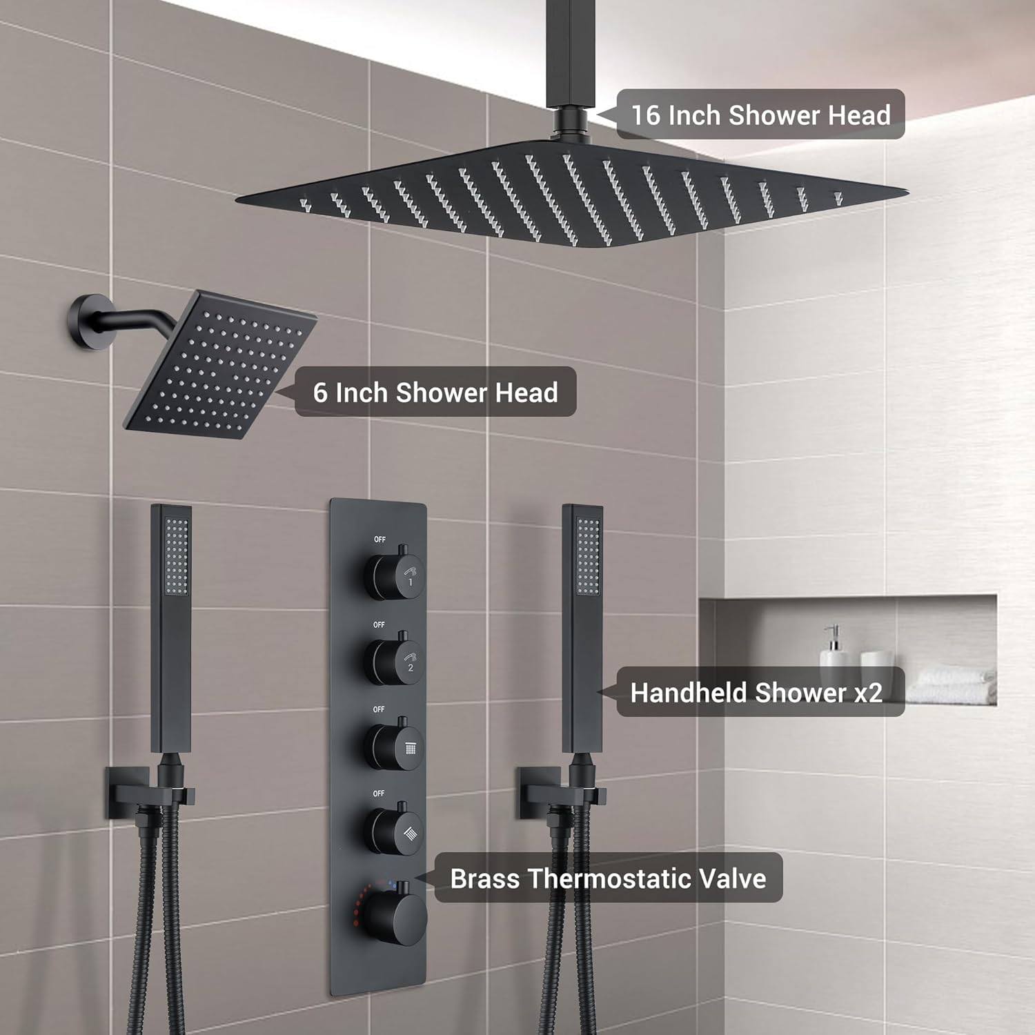 Thermostatic Dual Shower System with 6+16-Inch Shower Heads, Ceiling Mount Full Body Rainfall Shower Faucet Set with Double High Pressure HandHeld Sprayer for 2-Person (Matte Black)