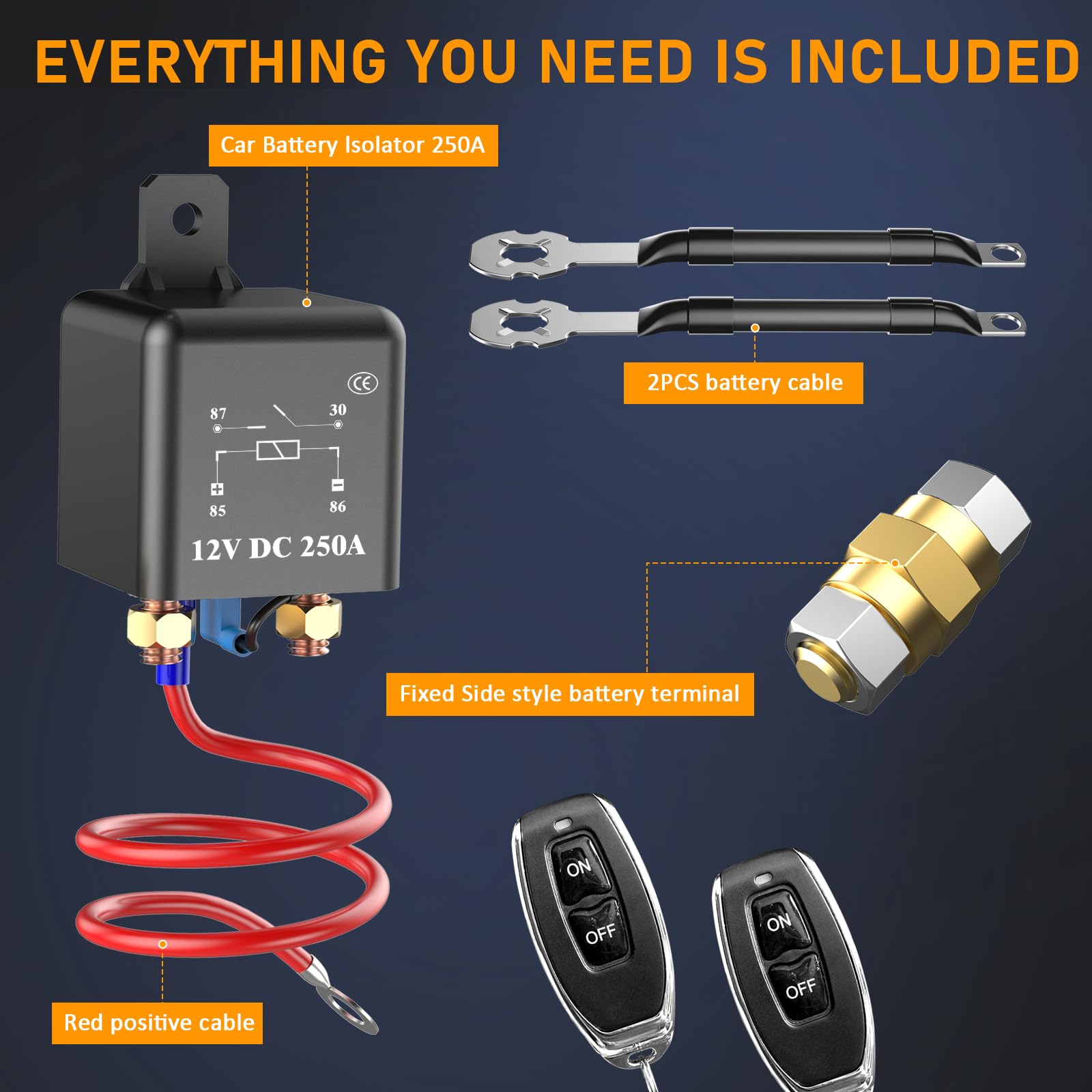 Side Post Remote Battery Disconnect Switch - 12V 250A Kill Switch with Remote Control. Anti-Theft Security & Prevents Battery Drain. Easy to Install for Car, Truck, RV, Boat, Vehicle & More. — view 6
