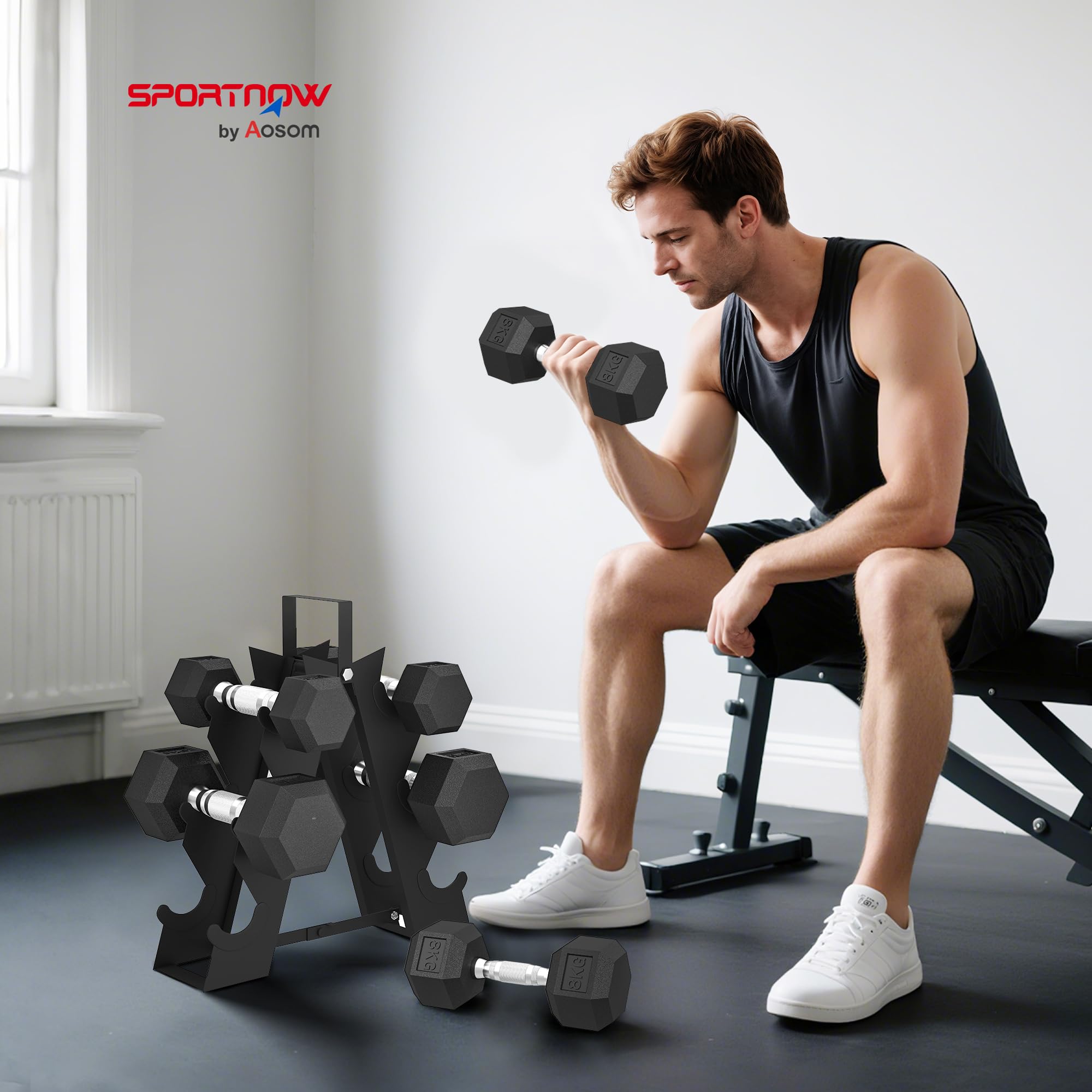 SPORTNOW Set di Manubri Palestra con Supporto, Peso Totale 30kg/36kg, Pesi Palestra Esagonali in Metallo con Impugnatura Antiscivolo, Allenamento Forza Fitness Casa, Nero