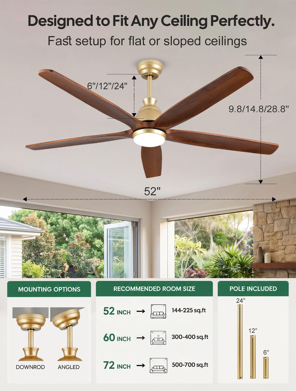 Ventilador de Techo con Luz y Mando a Distancia Madera, 132cm, Motor DC Reversible Silencioso, 6 Velocidades, 8H Temporización, Ventilador de Techo Moderno de 5 aspas para Interior y Exterior