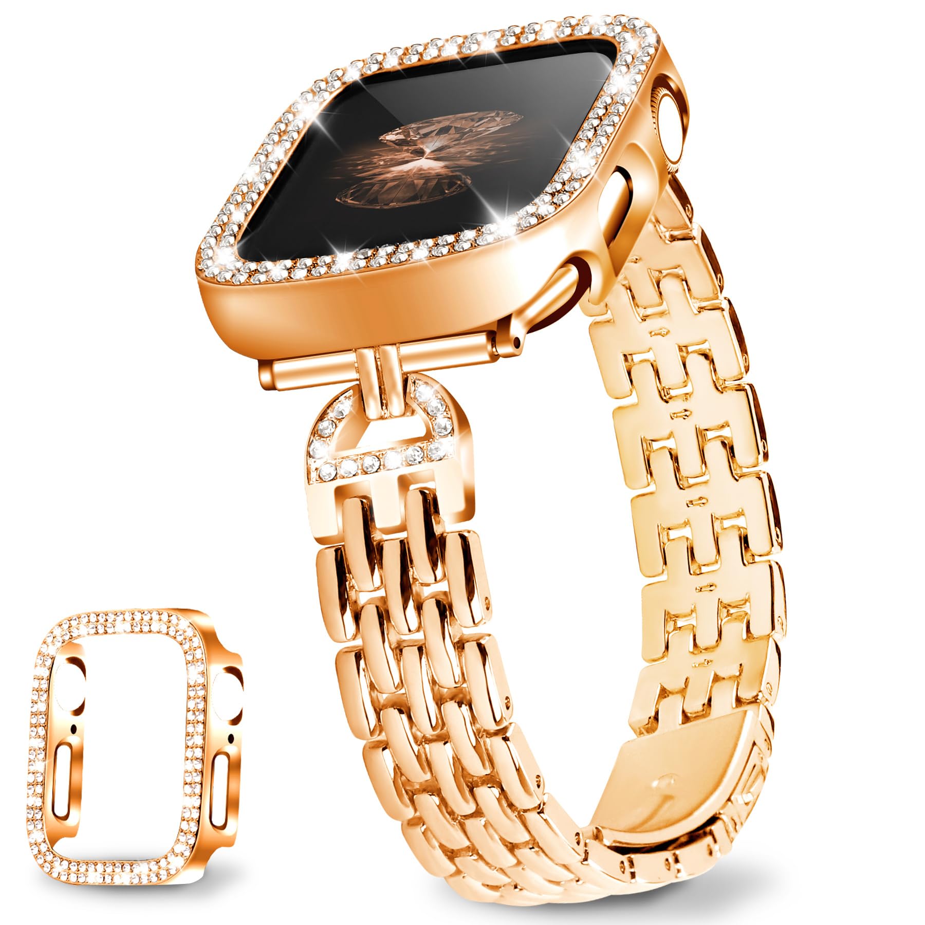 JR.DM Slim Bracelet with Bling Case Compatible with Apple Watch Bands Cover for Women, Dressy D-Shaped Stainless Steel Replacement Strap for iWatch Series 10/9/8/7/6/5/4/3/2/1/SE/Ultra