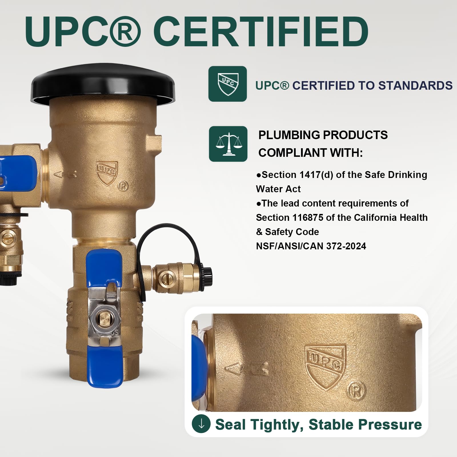 Certificado UPC: interruptor de vacío de presión de latón de 3/10.2 cm-720 A, máximo 400 PSI, preventor de reflujo de aspersor para sistemas no potables como riego e industria