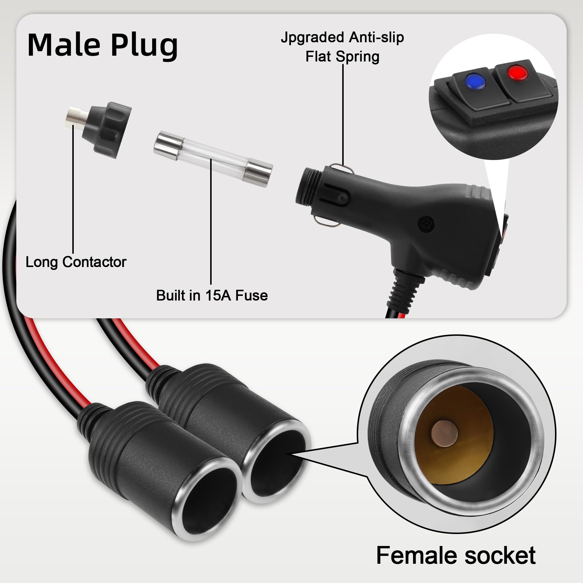GELRHONR 12V Rozdzielacz zapalniczki z wyłącznikiem, 1 wtyczka na 2 gniazda zapalniczki samochodowej, splitter 15A, 30 cm, do GPS, kamery dash, lodówki samochodowej