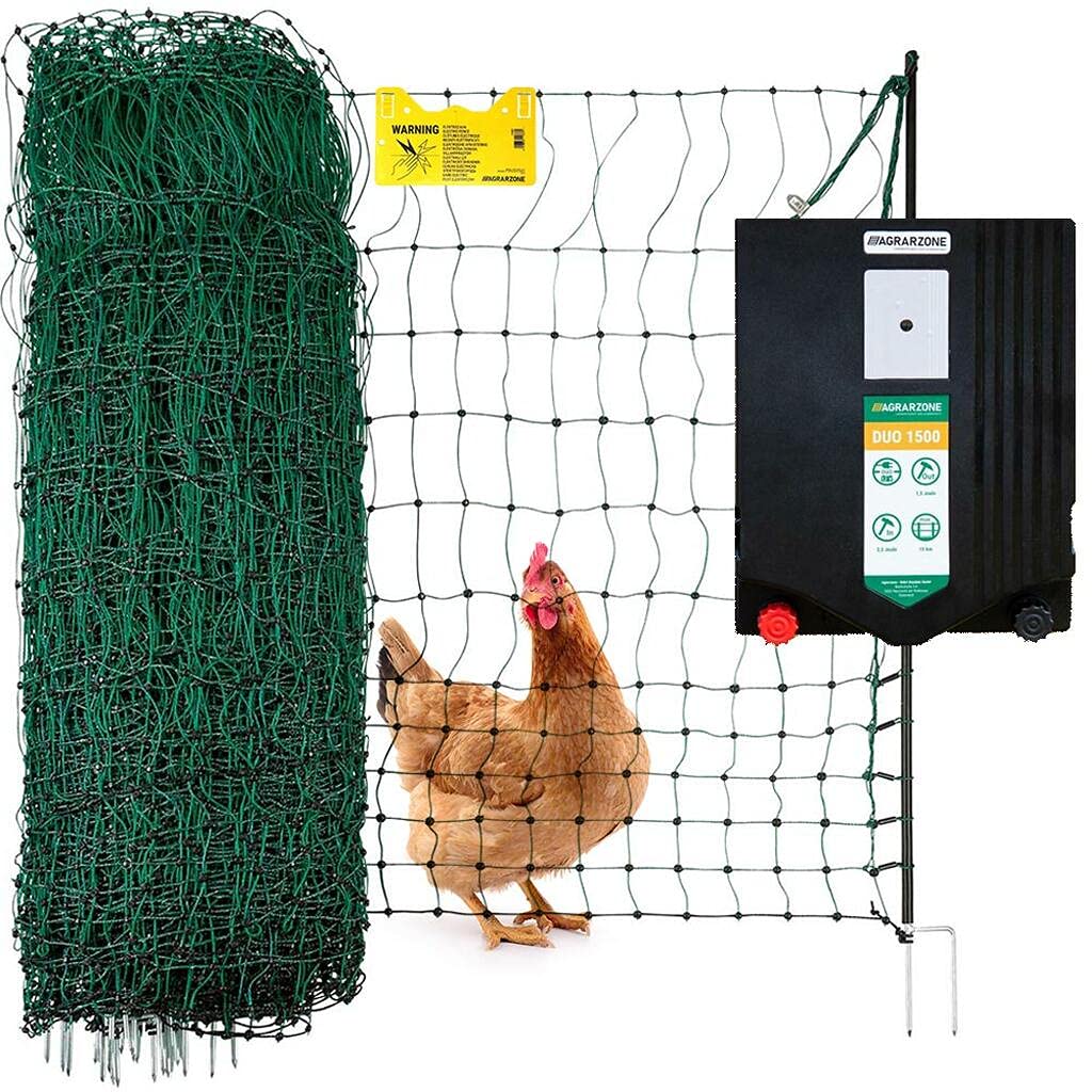 Agrarzone Hühnerzaun Komplett-Set 50m x 112cm Geflügelnetz Weidezaun Hühner | Weidezaungerät, mobiler Geflügelzaun, mit Strom, 12V, 230V