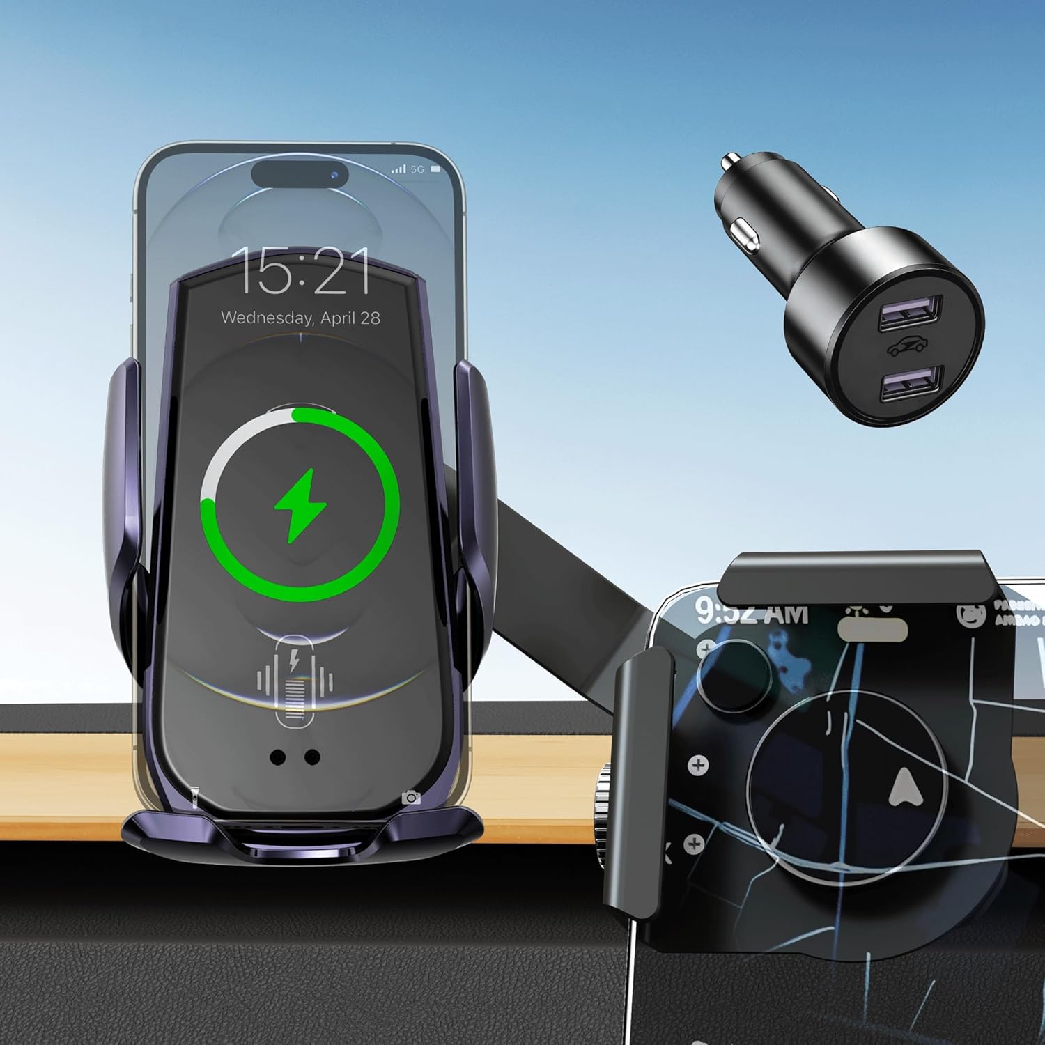 Car Phone Mount for Tesla Model 3 & Model Y, Screen Side Custom Fit for Center Display, 15W Wireless Fast Charging Auto-Clamping, Unobstructed View, Compatible with iPhone & Android