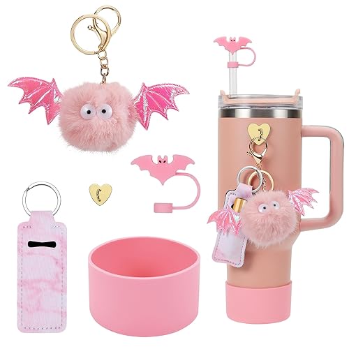 Stanley Cup Halloween Accessories Set - Silicone Straw Cover, Boot, Lipstick Holder, Charms for 40oz & 30oz Tumbler (Pink Bat)