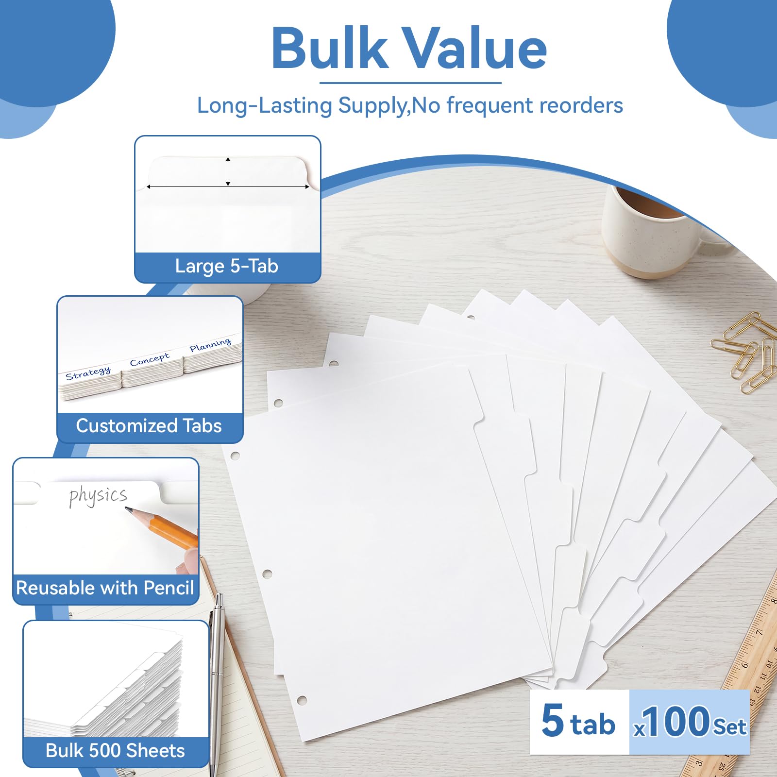 Chuangdi Ordner-Trennblätter mit Registerkarten für 3-Ringbinder, Briefgröße 21,6 x 27,9 cm, weißes Papier, blanko, mit 5 Registern, 100 Sets für Schule, Büro und Zuhause, 500 Trennblätter