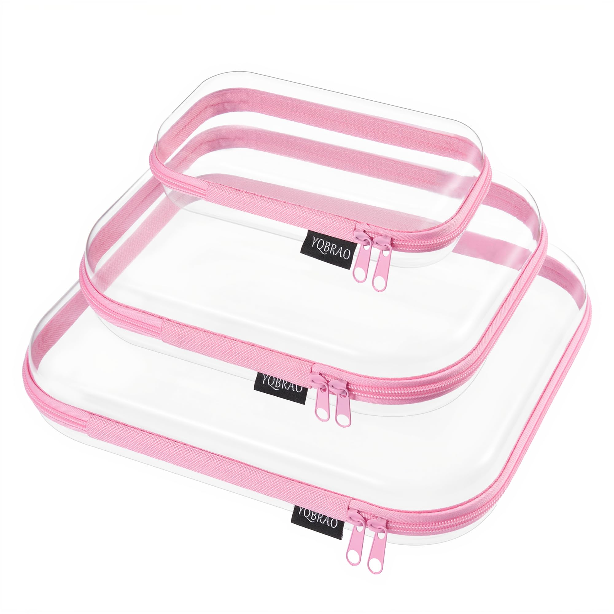 YQBRAO 3-Piece Clear Hard Shell Zipper Case Set, 1L 1M 1S, Pink | Three practical sizes with clear rigid shells and dual zippers for flexible, easy-to-see everyday organization