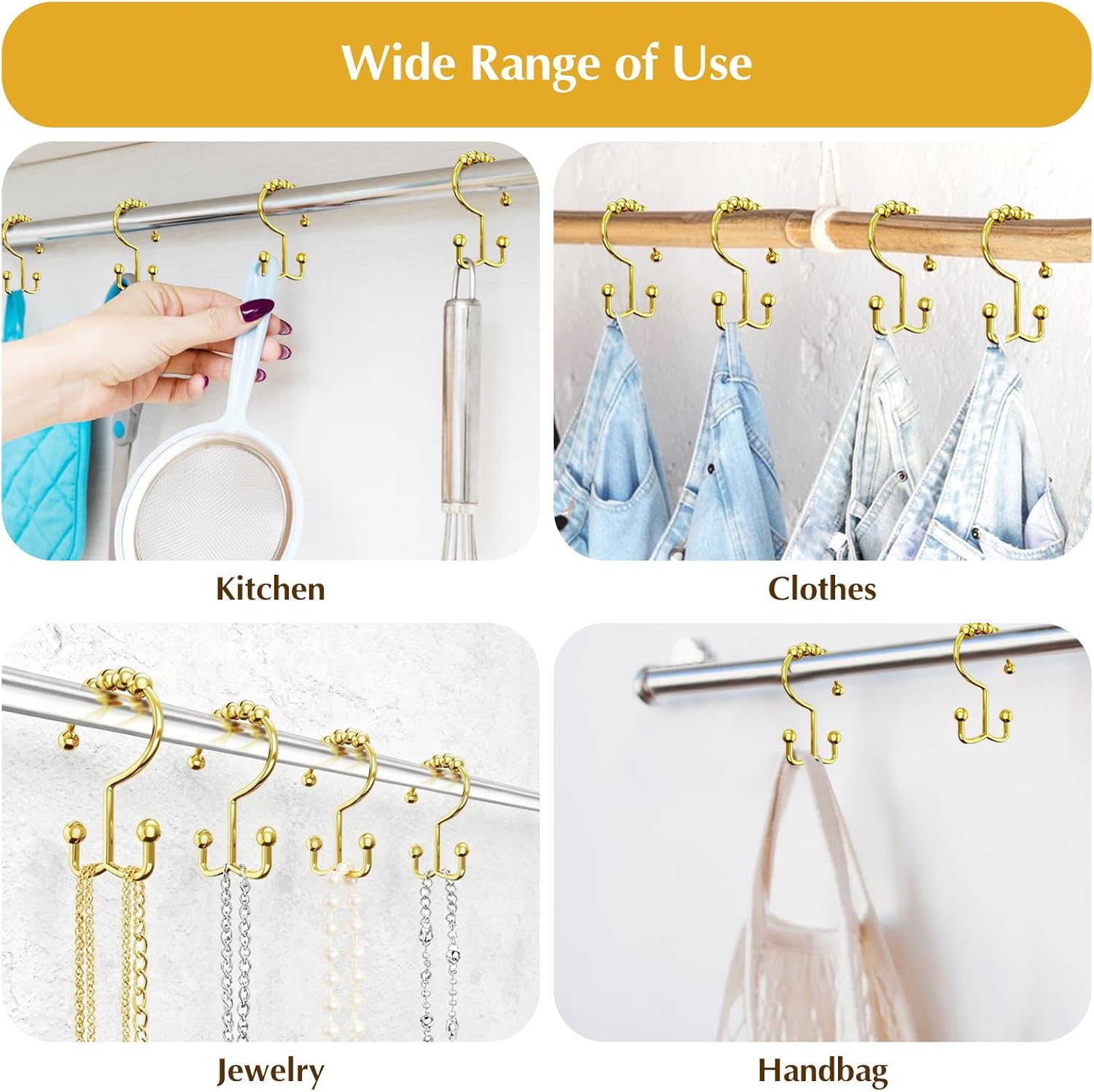 Upgraded 304 Stainless Steel Shower Curtain Hooks, 12-Pack Rust-Proof Heavy Duty Gold Shower Curtain Rings, Double Hook Glide Bathroom Hardware Set image 6 of 6 B0FYPQVHRD