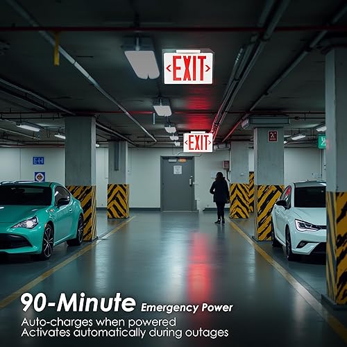 Miniatura 6 de Gruenlich Letrero LED de salida, luz de emergencia con doble cara y baterías de respaldo, letra roja estándar de EE. UU., calificado UL 924, voltaje