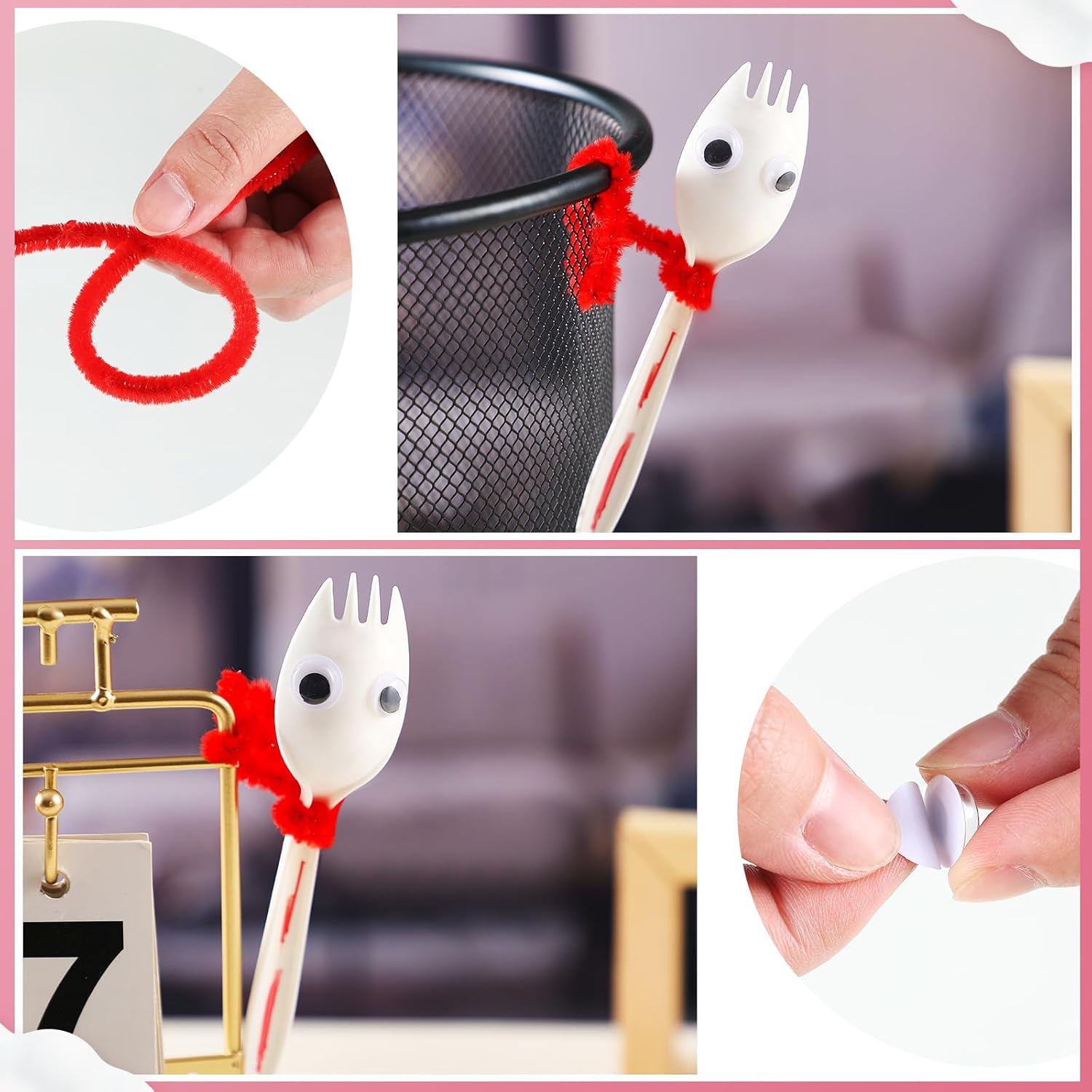 Relaxgiant 100 Set Fork Craft Kit DIY Disposable Creativity Sporks Red Pipe Cleaners Self Adhesive Wiggle Googly Eyes Make Your Own Craft Kit