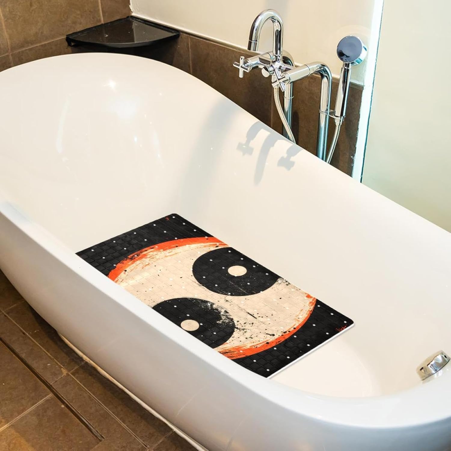 Cool Yin Yang Symbol Bath Tub and Shower Mats, Non Slip Bathmat with Drain Holes and Suction Cups for Bathroom Floor, 15.1 x 26.8 Inch