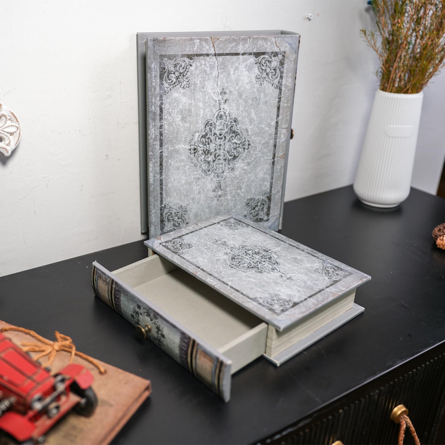 Vintage Book Storage Box with Drawer, Distressed Gray Faux Leather Cover with Ornate Baroque Design, Hidden Organizer for Jewelry or Office Bookshelf Decor 9.5″ x 6.7″ x 2″