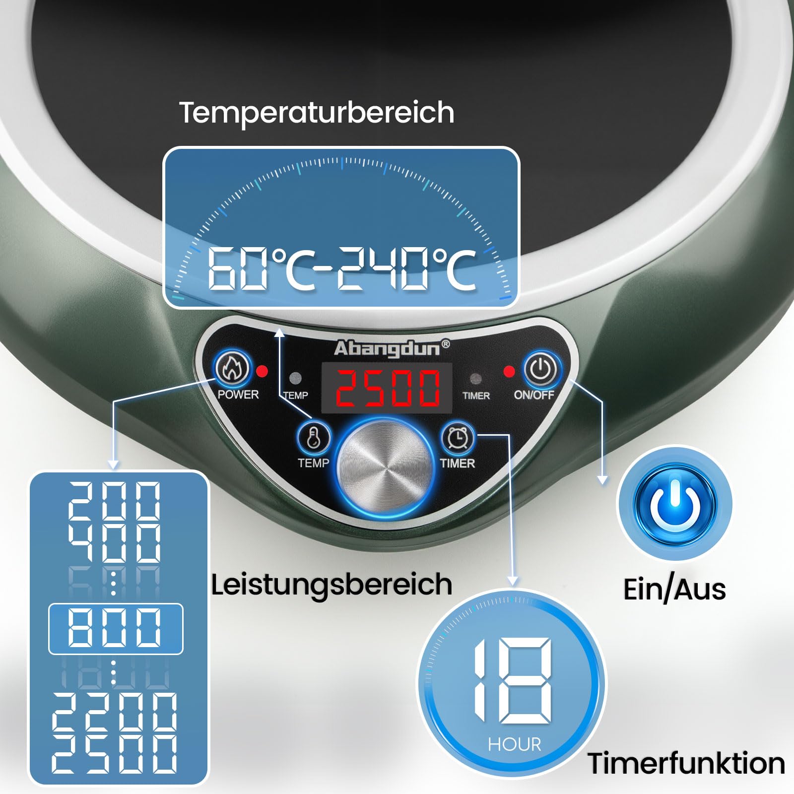 Induktionskochplatte mit Wok, 2500W Induktionskochfeld 1 Platte Kochplatte Induktion mit 16 Leistungsstufen, 200W-2500Watt,Temperaturbereich 80-240°C, LED Display, 18-Stunden-Timer, 190-275V