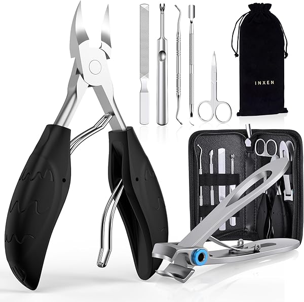 INXEN Profi Nagelschere Set, Edelstahl Maniküre Nagelknipser, Scharf Nagelknipser für Dicke & Eingewachsene Fußnägel,7 Pcs Pediküre Set Nagelschere Fussnägel mit Nagelzange & Nagelhautschere,Schwarz