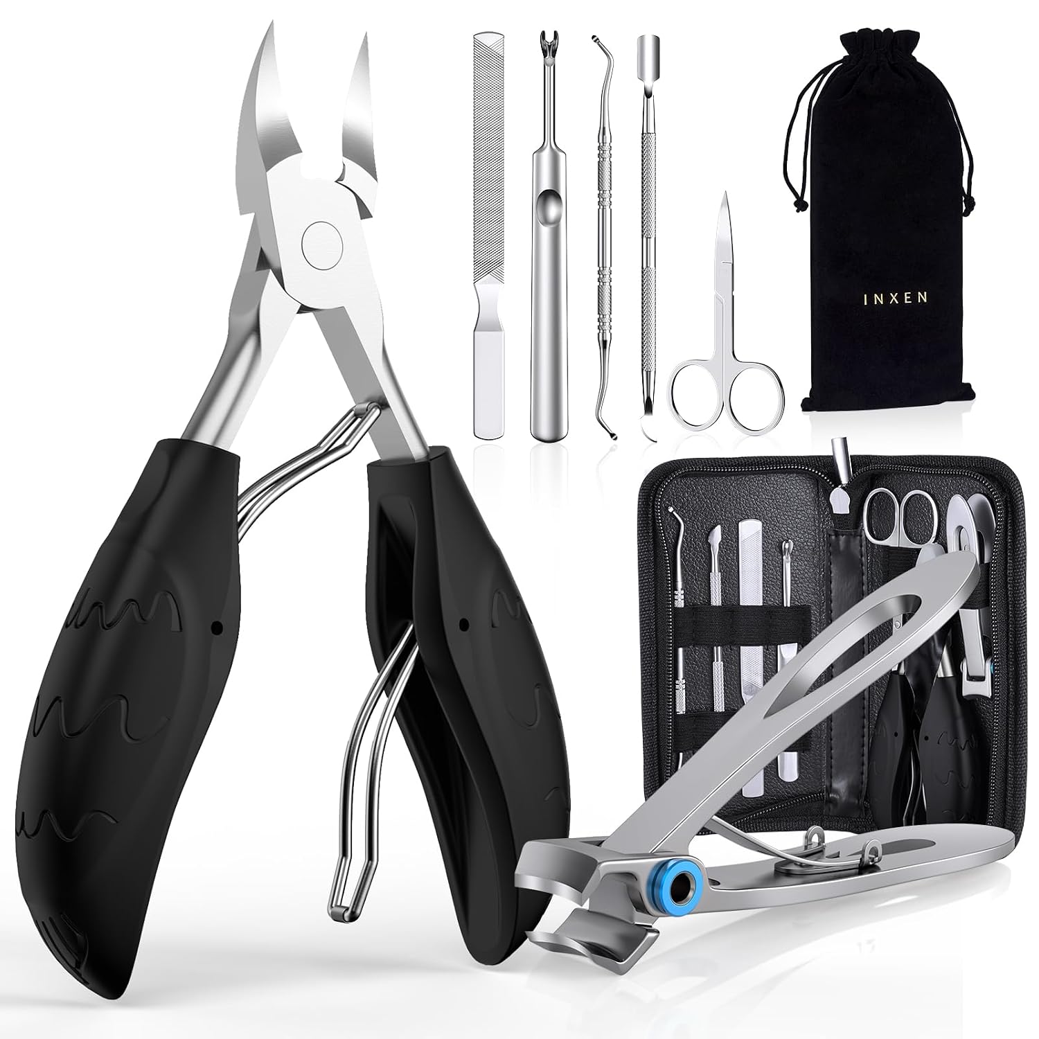 INXEN Profi Nagelschere Set, Edelstahl Maniküre Nagelknipser, Scharf Nagelknipser für Dicke & Eingewachsene Fußnägel,7 Pcs Pediküre Set Nagelschere Fussnägel mit Nagelzange & Nagelhautschere,Schwarz - Amazon product rated Grade B